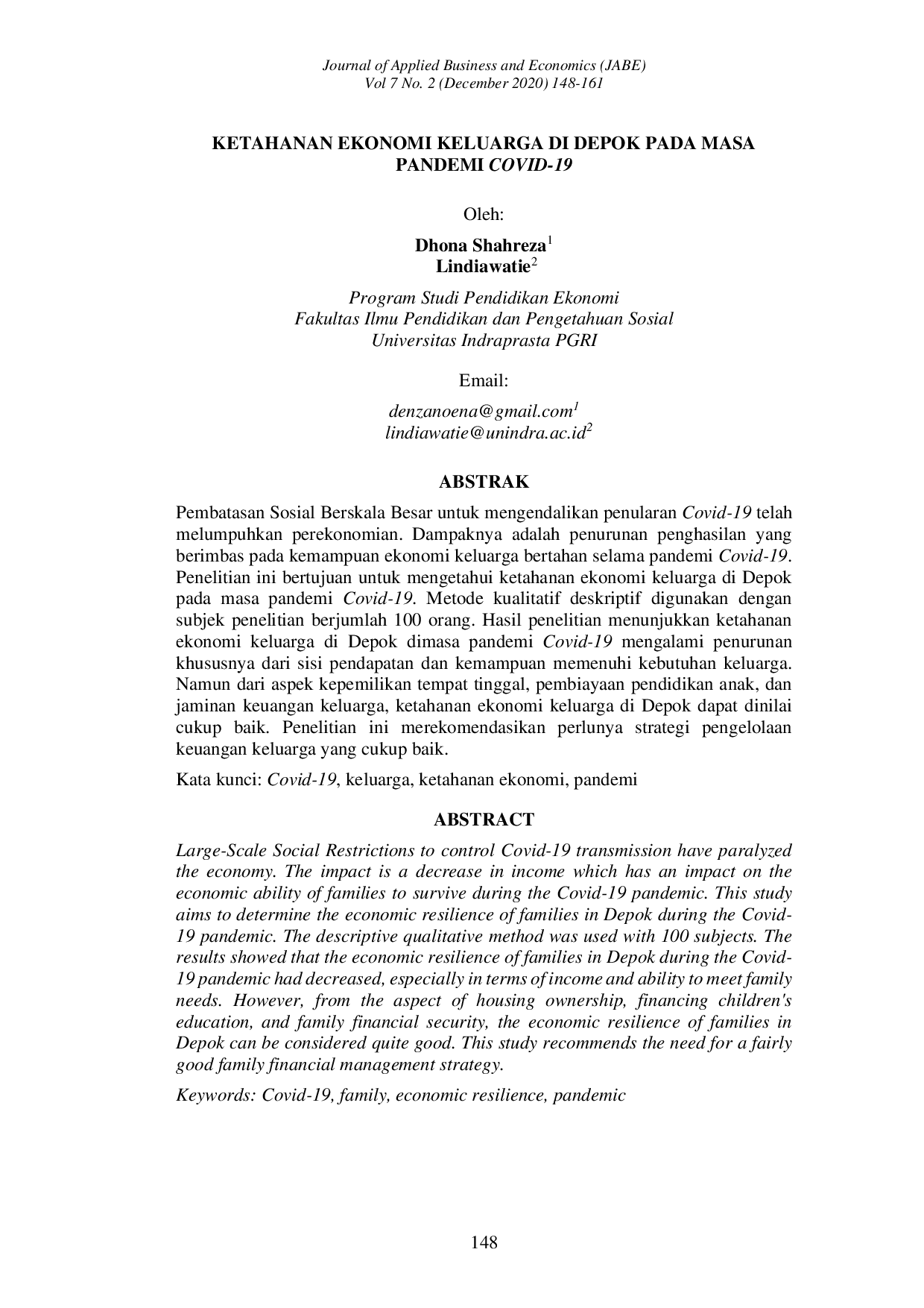 JURIS Ketahanan Ekonomi Keluarga di Depok pada Masa Pandemi COVID 19