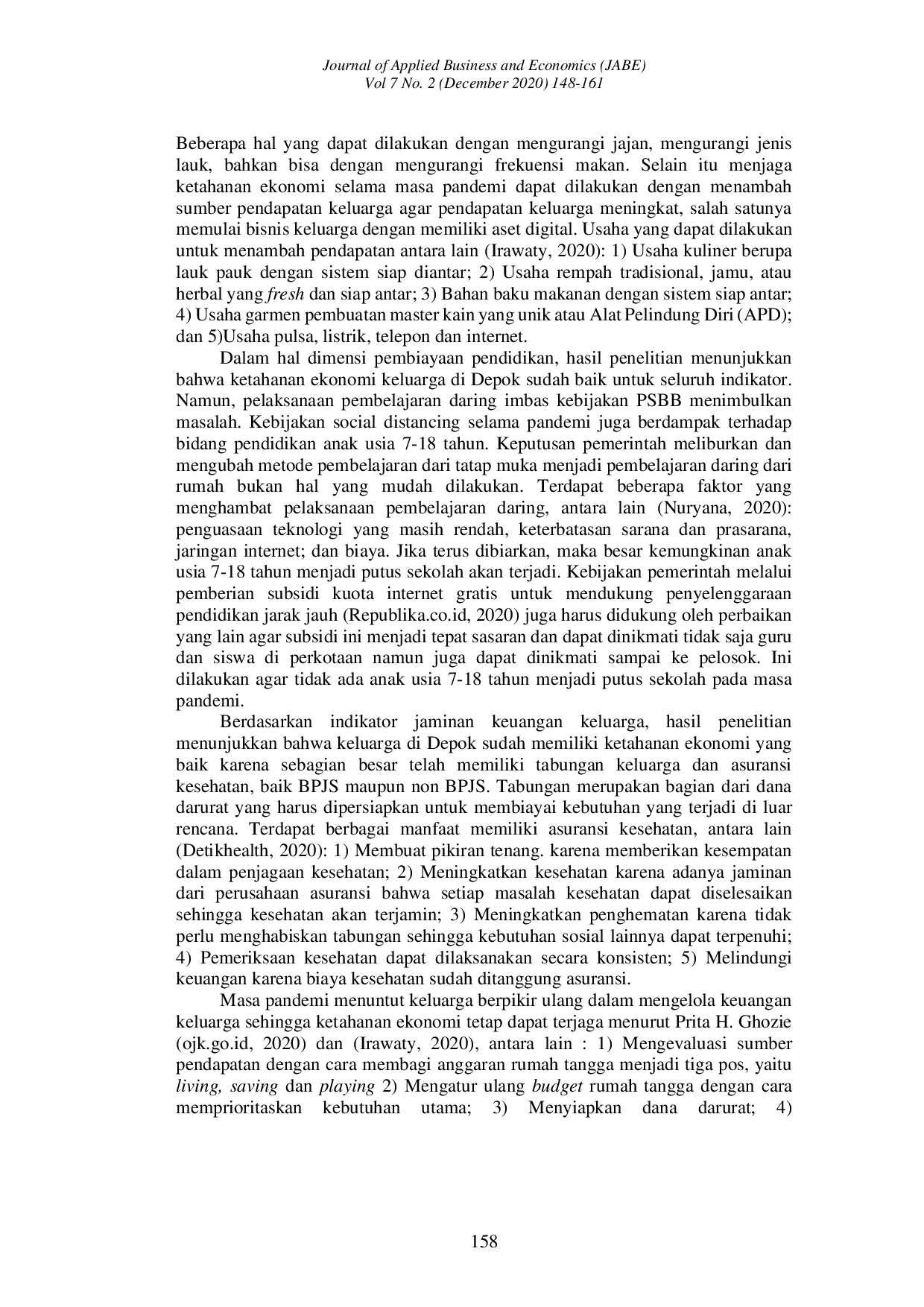 JURIS Ketahanan Ekonomi Keluarga di Depok pada Masa Pandemi COVID 19