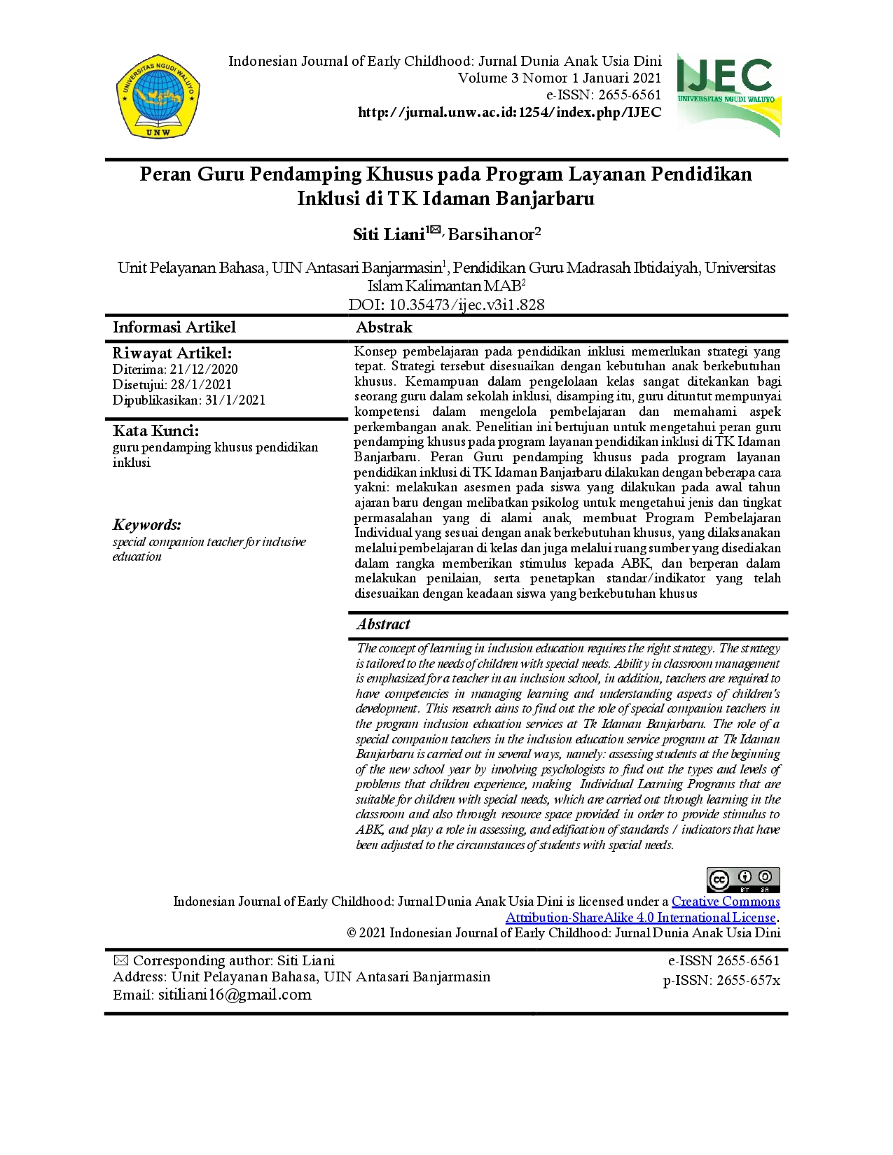 juris Peran Guru Pendamping Khusus pada Program Layanan Pendidikan Inklusi di TK Idaman Banjarbaru