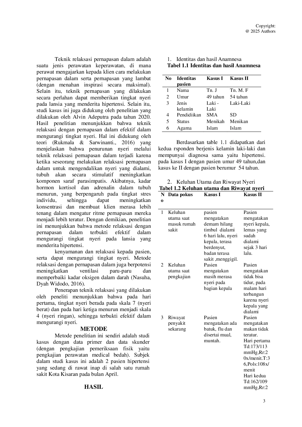 JURIS Implementasi Teknik Relaksasi Nafas Dalam untuk Mengurangi Nyeri Akut pada Penderita Hipertensi