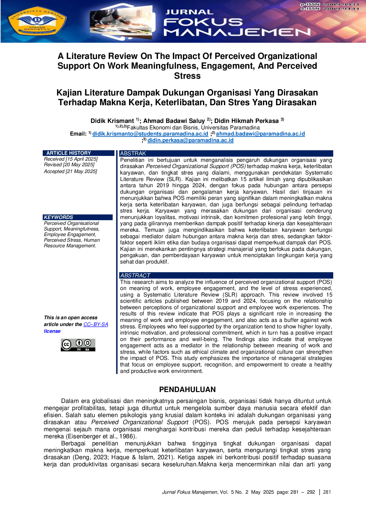 JURIS A Literature Review On The Impact Of Perceived Organizational Support On Work Meaningfulness Engagement And Perceived Stress