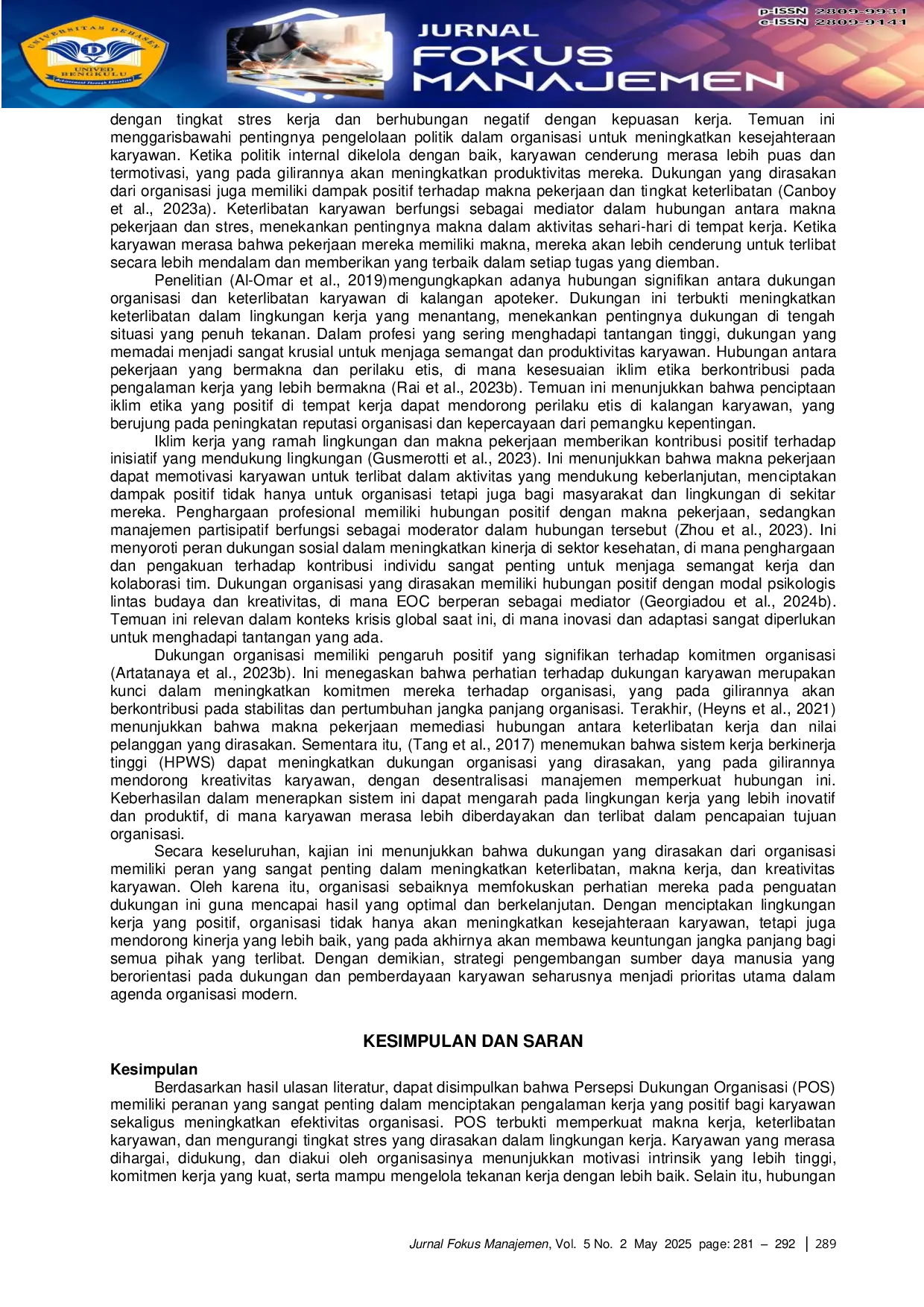 JURIS A Literature Review On The Impact Of Perceived Organizational Support On Work Meaningfulness Engagement And Perceived Stress