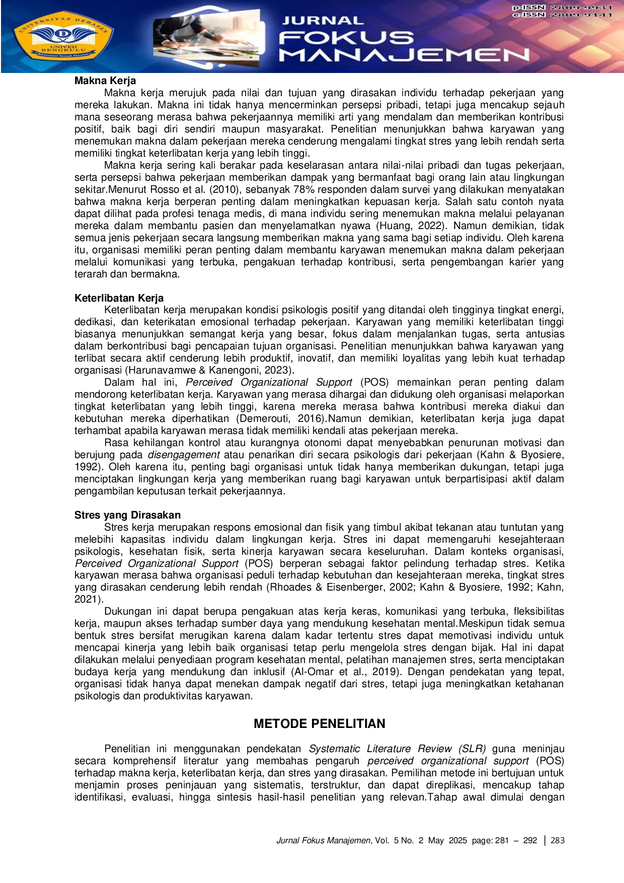 JURIS A Literature Review On The Impact Of Perceived Organizational Support On Work Meaningfulness Engagement And Perceived Stress