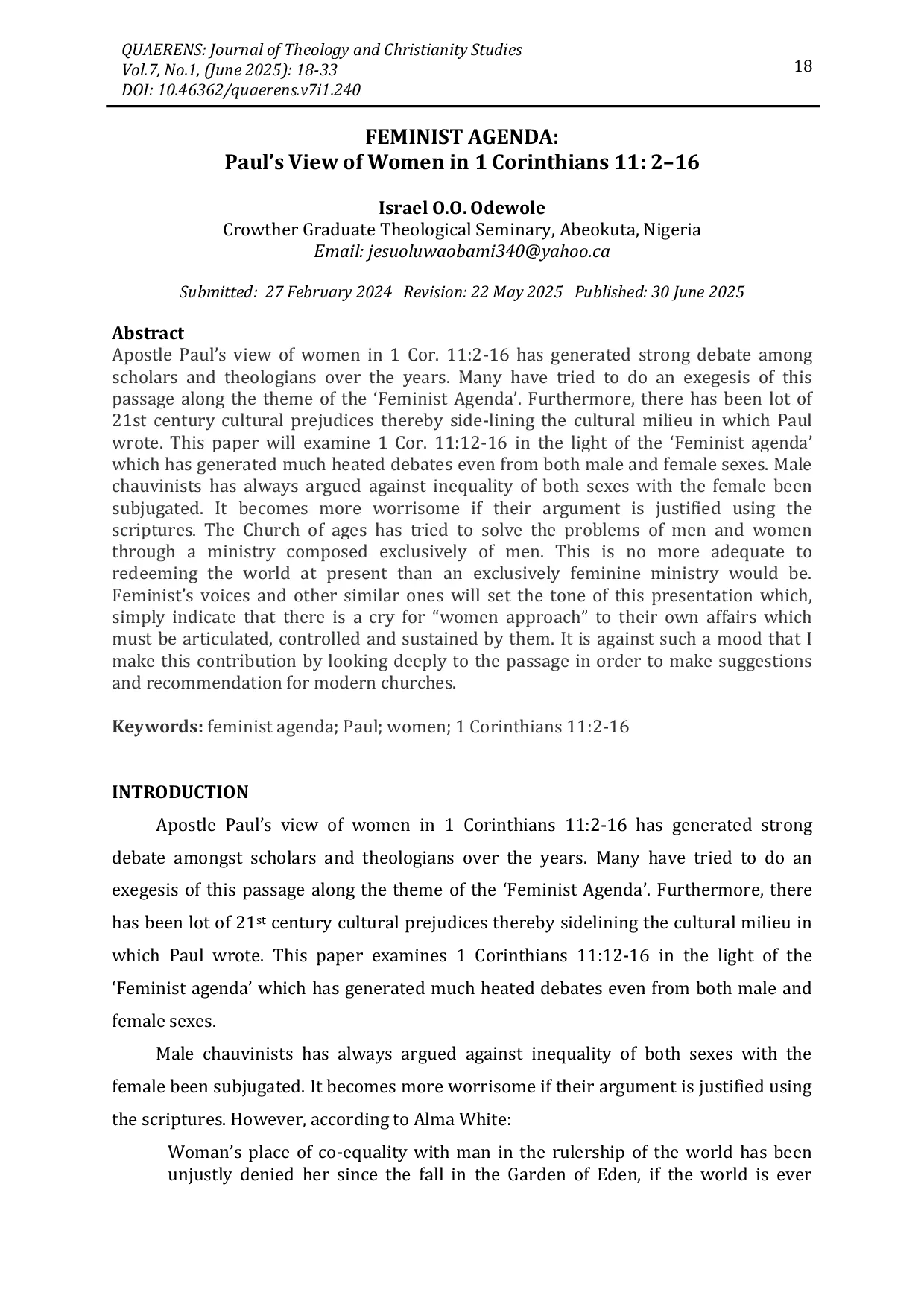 JURIS Feminist Agenda Paul s View of Women in 1 Corinthians 11 2 16