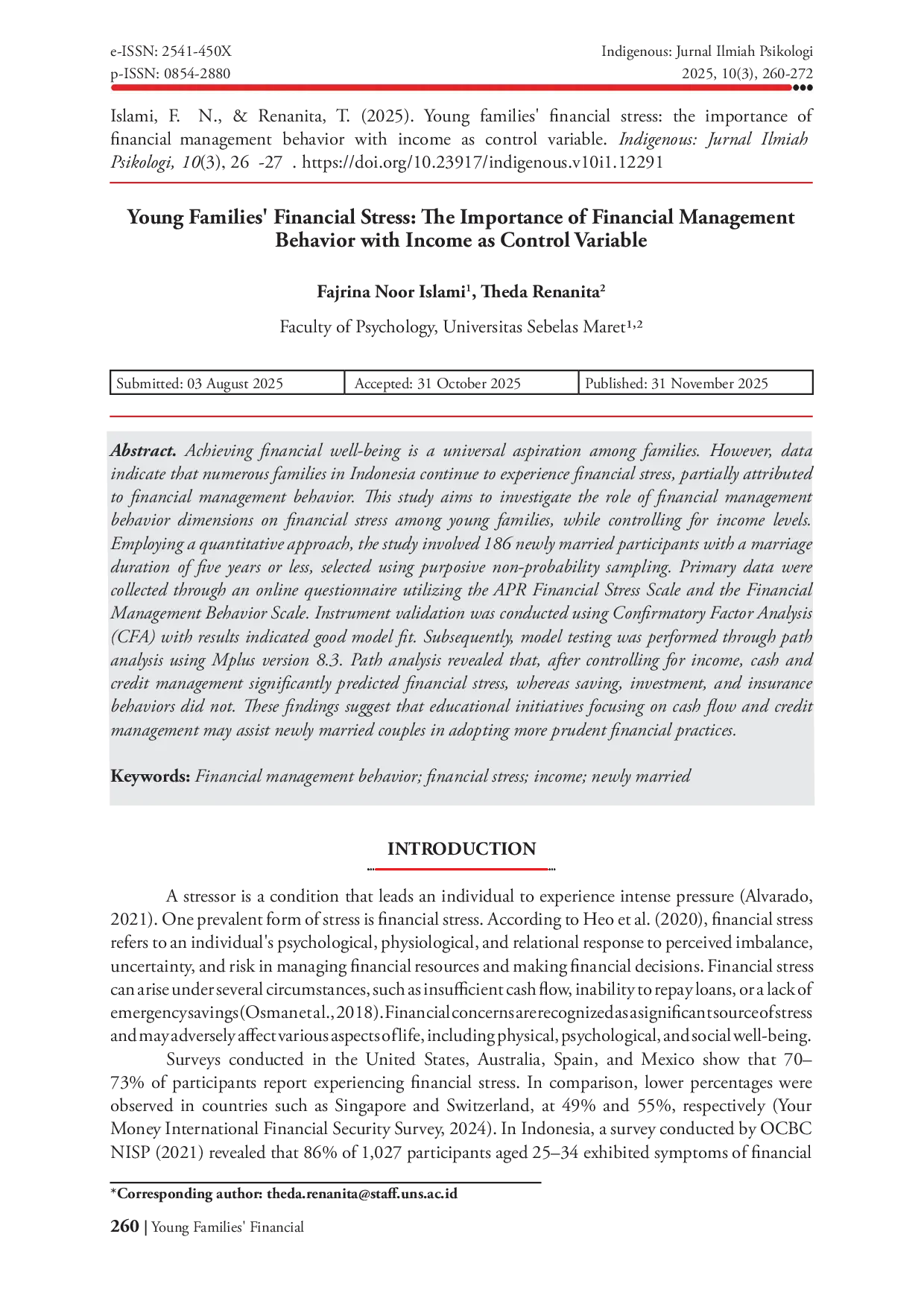 JURIS Young Families Financial Stress The Importance of Financial Management Behavior with Income as Control Variable