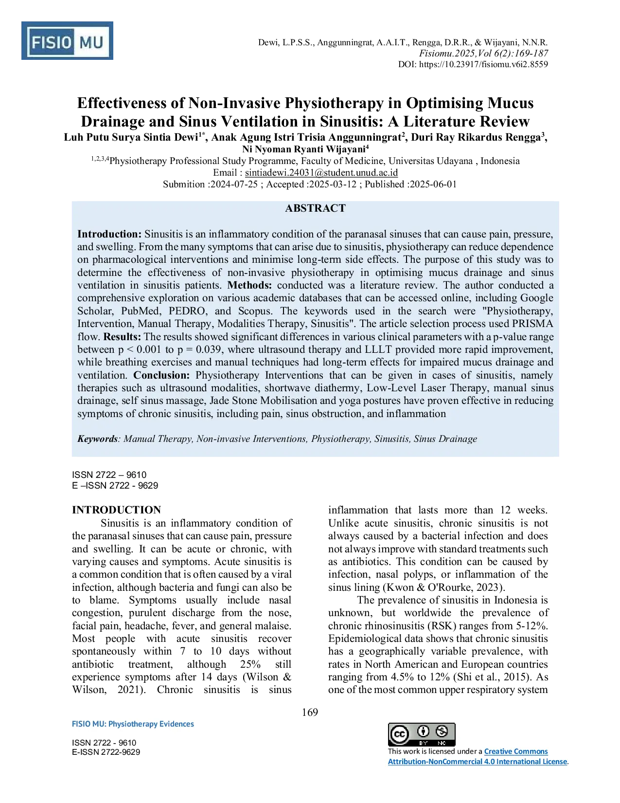 JURIS Effectiveness of Non Invasive Physiotherapy in Optimising Mucus Drainage and Sinus Ventilation in Sinusitis A Literature Review