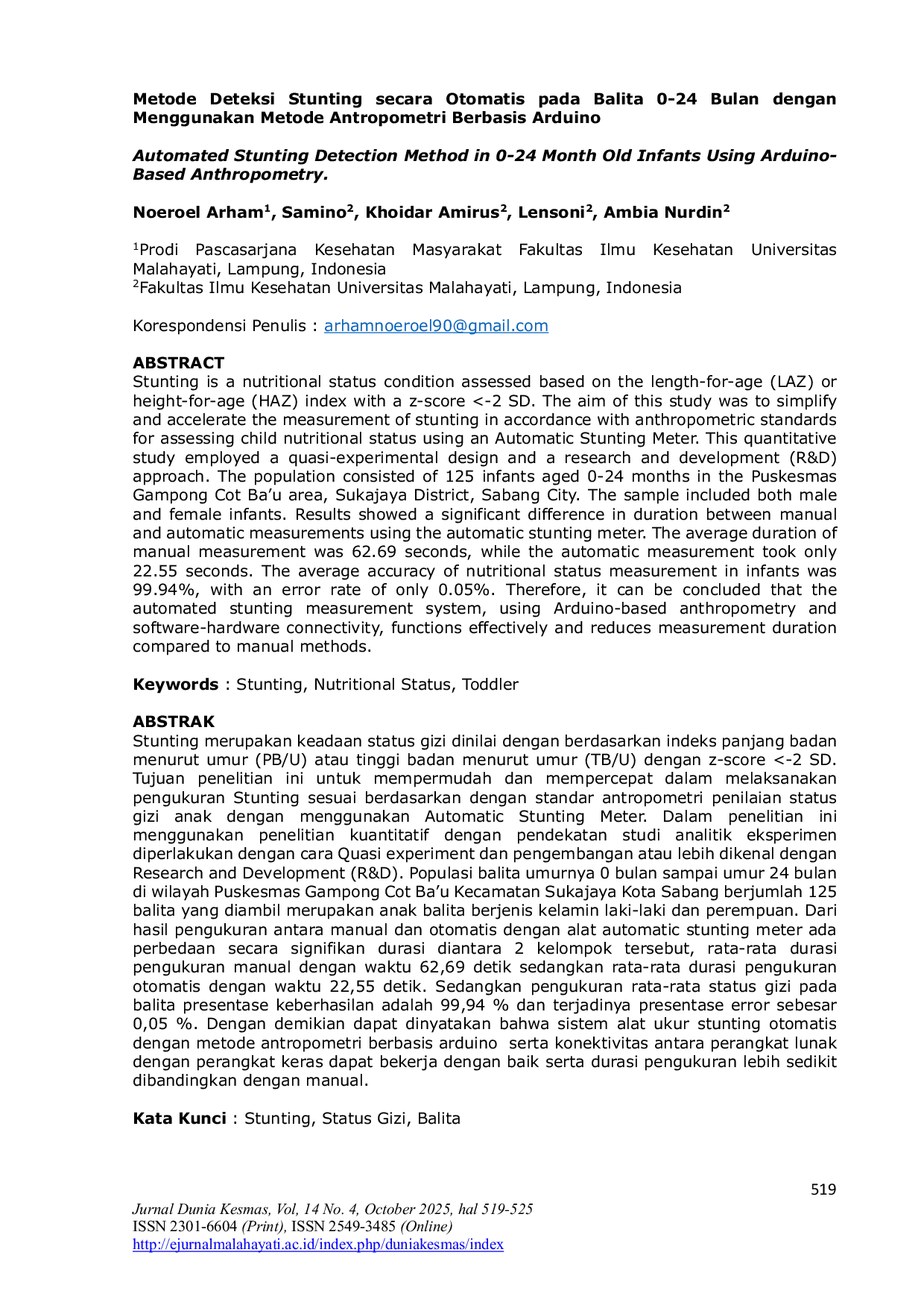 JURIS Metode Deteksi Stunting secara Otomatis pada Balita 0 24 Bulan dengan Menggunakan Metode Antropometri Berbasis Arduino