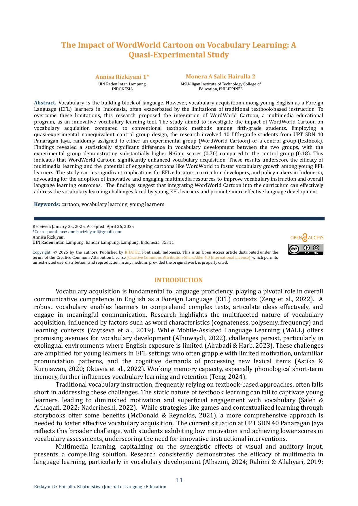JURIS The Impact of WordWorld Cartoon on Vocabulary Learning A Quasi Experimental Study