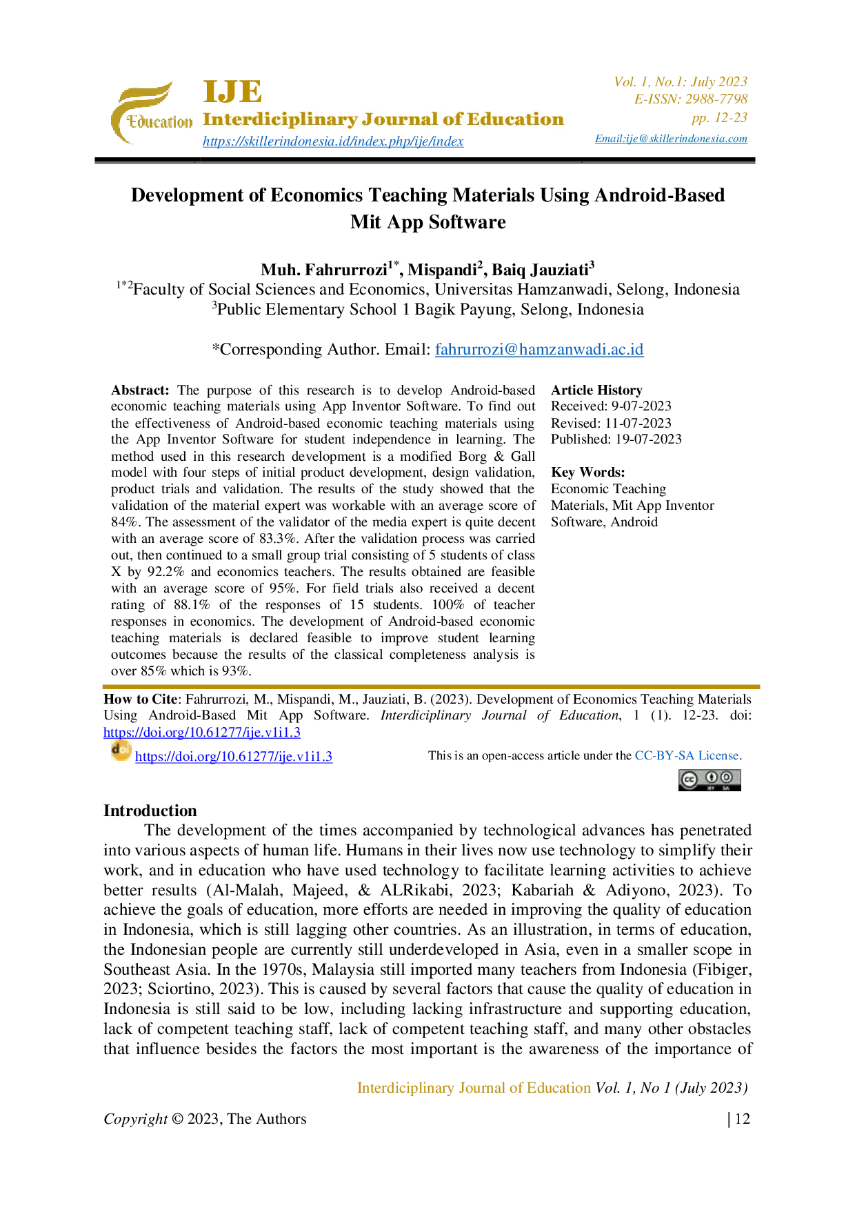 JURIS Development of Economics Teaching Materials Using Android Based Mit App Software