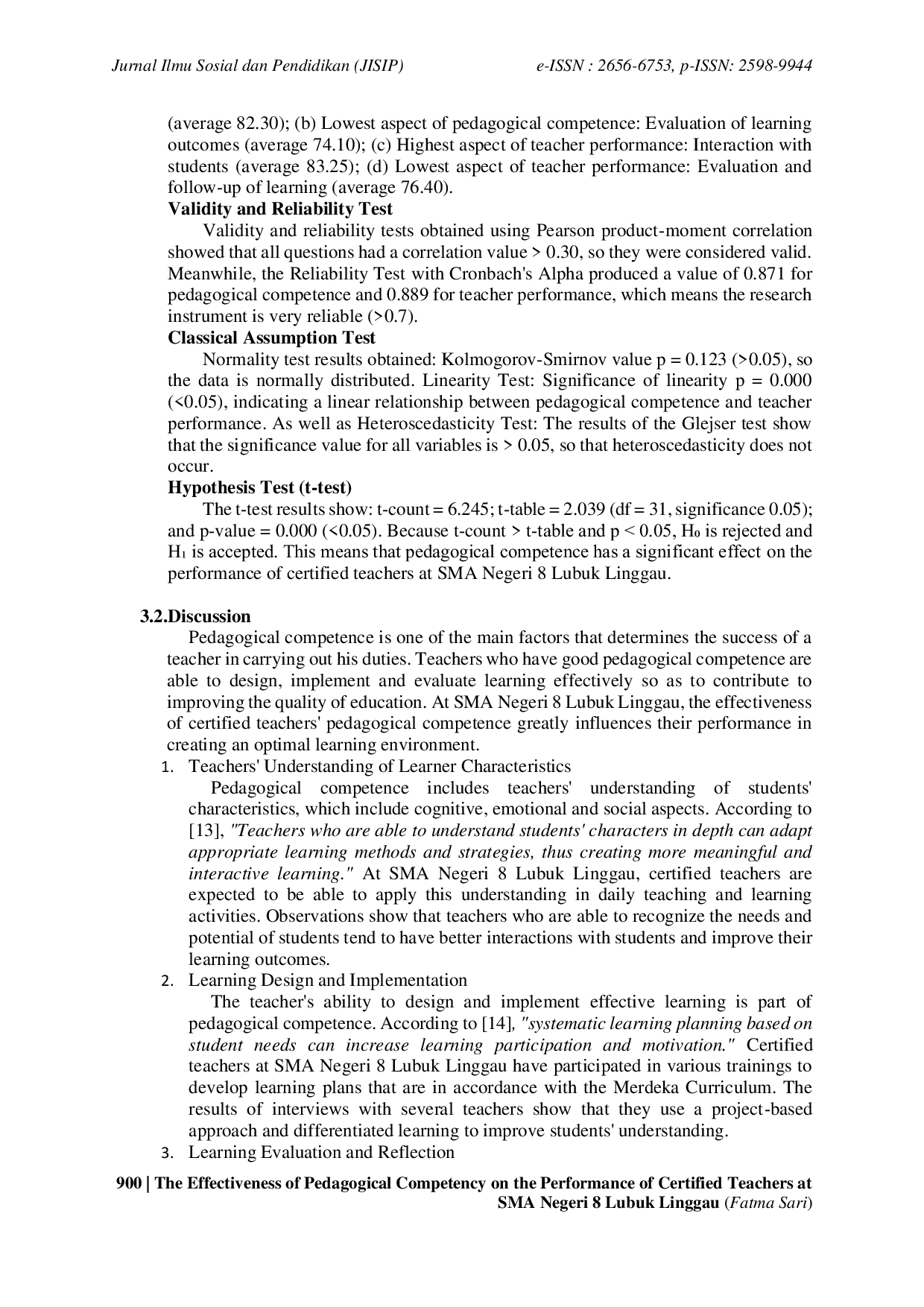 JURIS The Effectiveness of Pedagogical Competency on the Performance of Certified Teachers at SMA Negeri 8 Lubuk Linggau