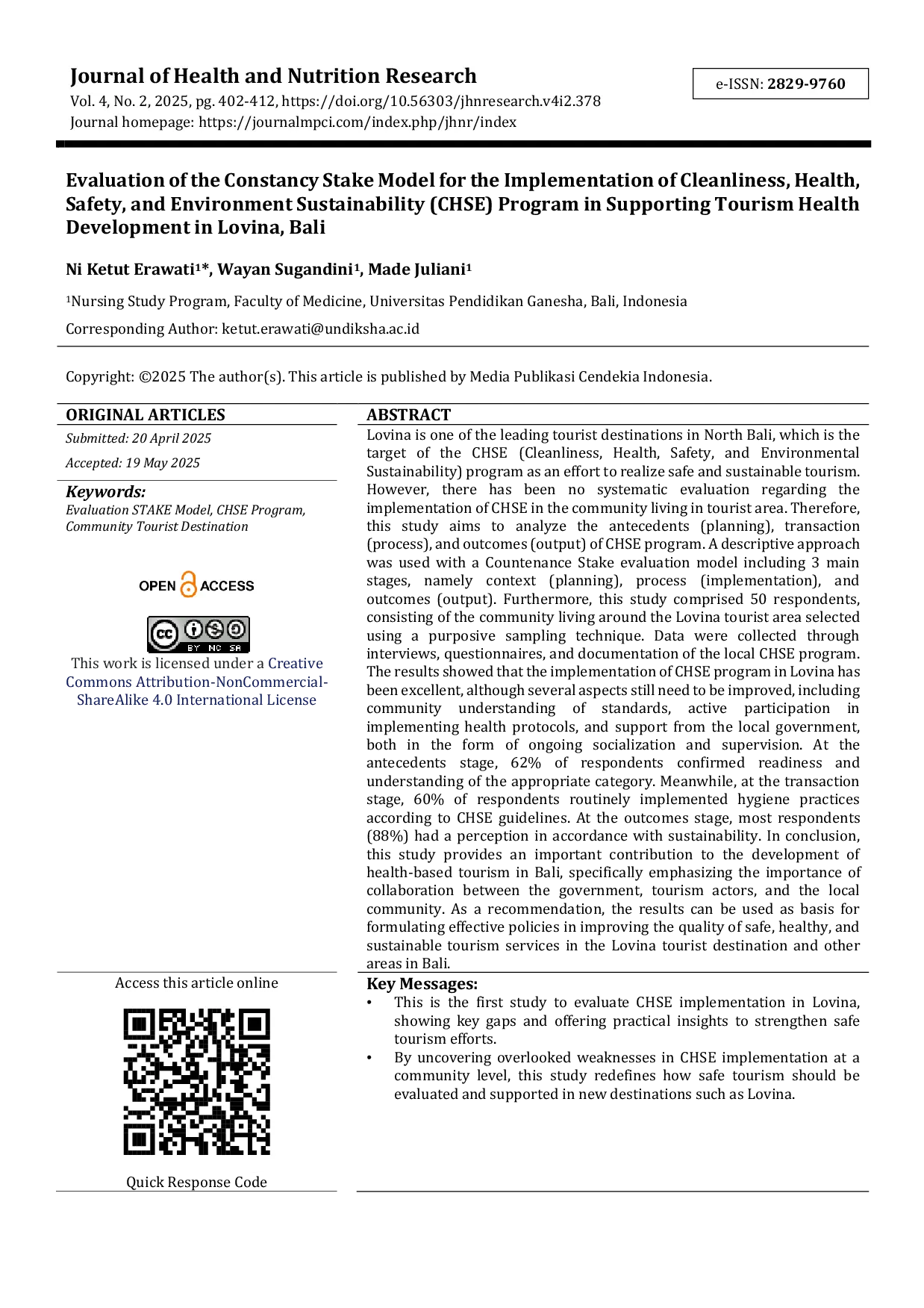 JURIS Evaluation of the Constancy Stake Model for the Implementation of Cleanliness Health Safety and Environment Sustainability CHSE Program in Supporting Tourism Health Development in Lovina Bali