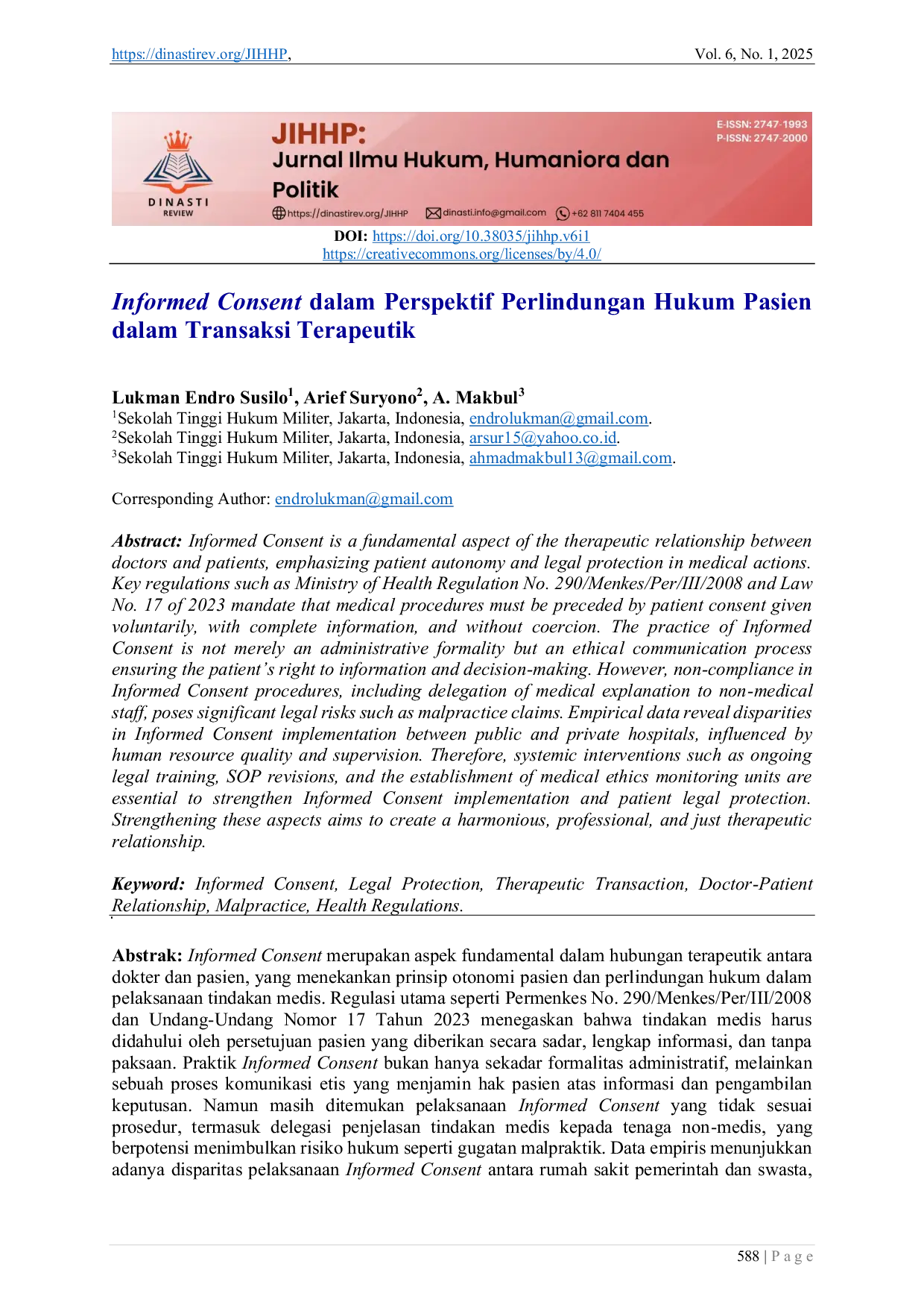 JURIS Informed Consent dalam Perspektif Perlindungan Hukum Pasien dalam Transaksi Terapeutik