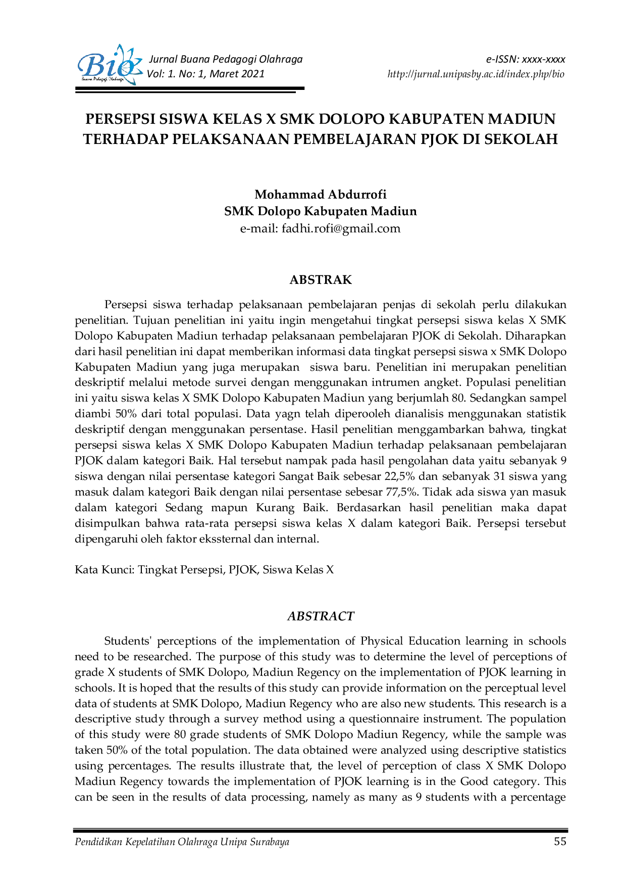 JURIS Persepsi Siswa Kelas X SMK Dolopo Kabupaten Madiun Terhadap Pelaksanaan Pembelajaran PJOK Di Sekolah