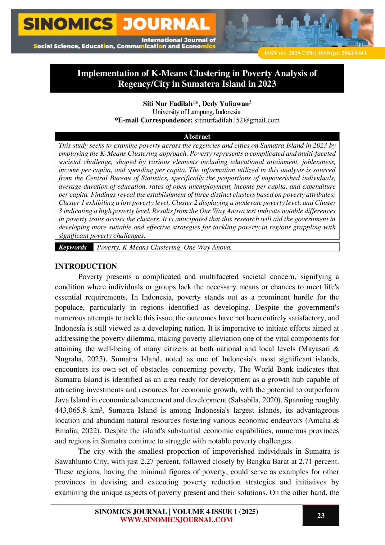 JURIS Implementation of K Means Clustering in Poverty Analysis of Regency City in Sumatera Island in 2023