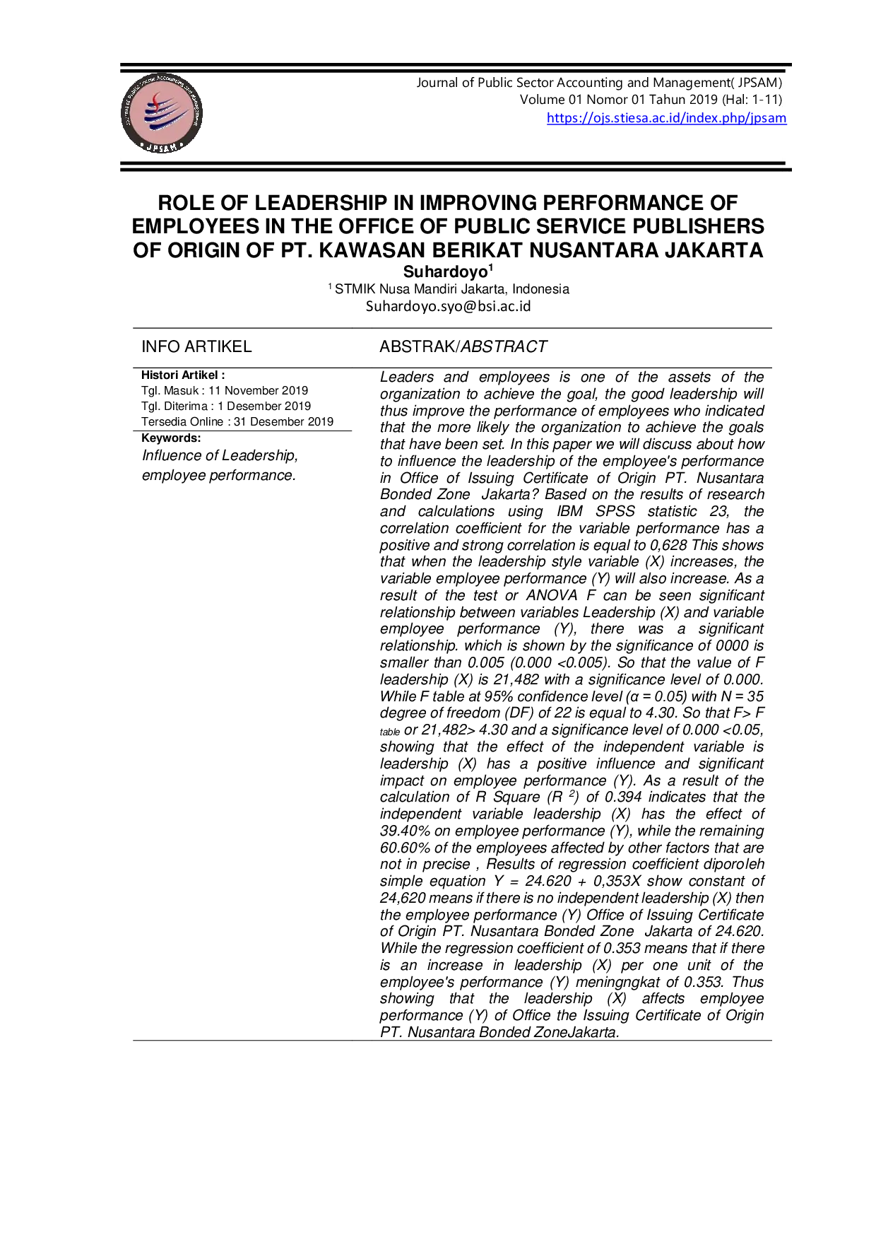 JURIS Peran Kepemimpinan dalam Meningkatkan Kinerja Pegawai di Kantor Pelayanan Penerbitan Surat Keterangan Asal PT Kawasan Berikat Nusantara Jakarta