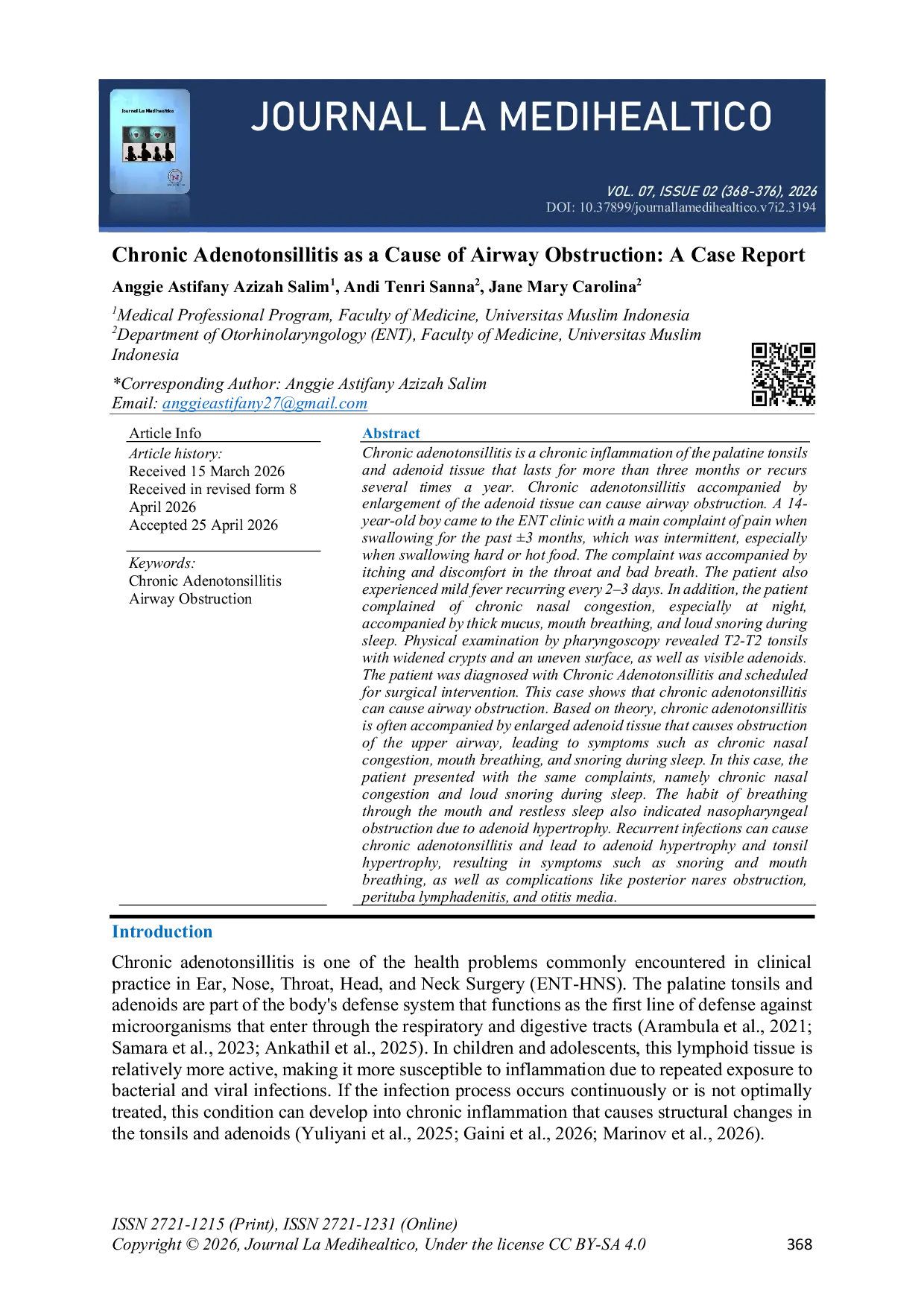JURIS Chronic Adenotonsillitis as a Cause of Airway Obstruction A Case Report