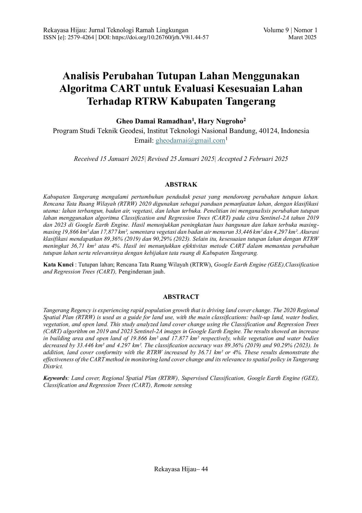 JURIS Analisis Perubahan Tutupan Lahan Menggunakan Algoritma CART untuk Evaluasi Kesesuaian Lahan Terhadap RTRW Kabupaten Tangerang
