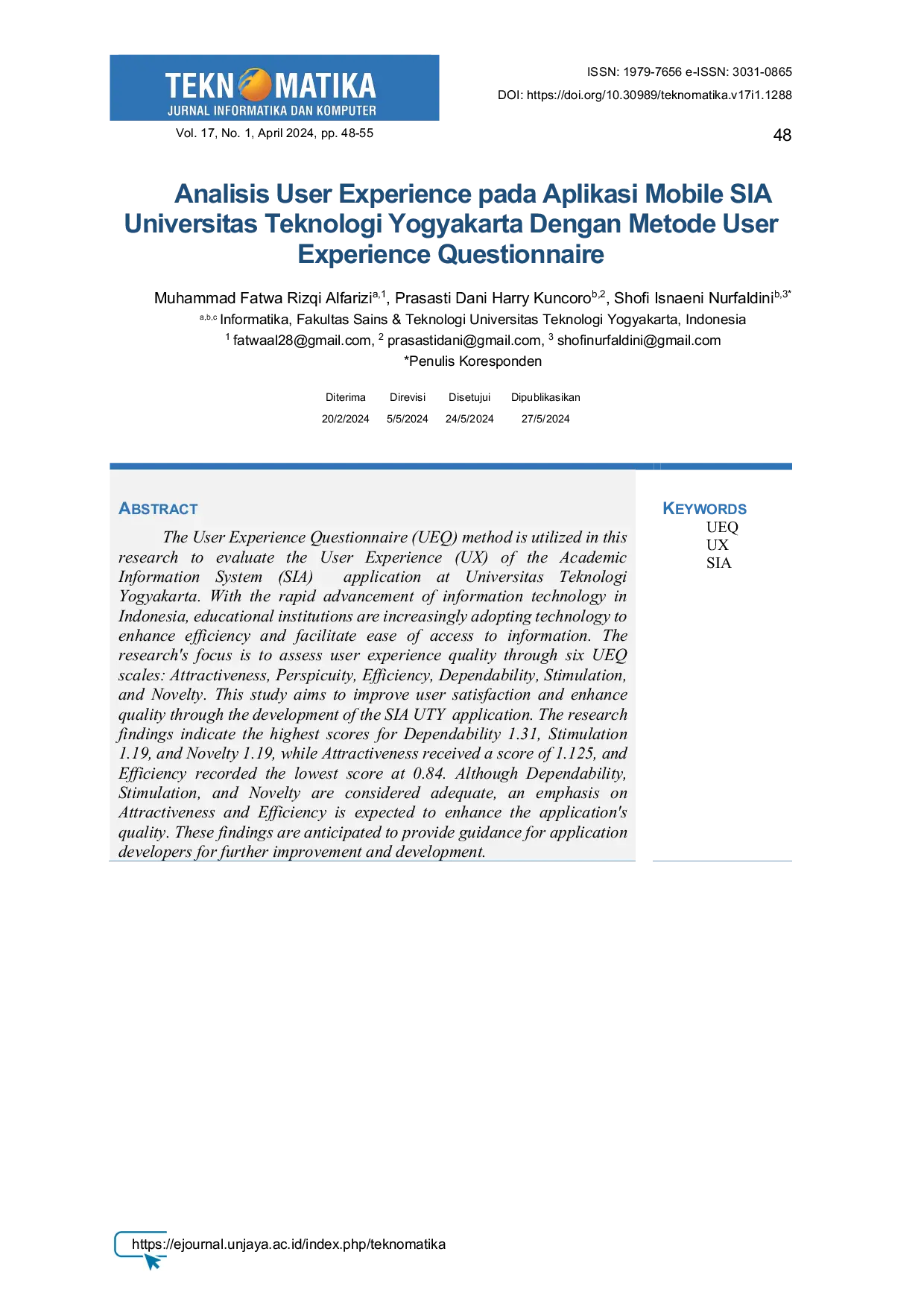 JURIS Analisis User Experience pada Aplikasi Mobile SIA Universitas Teknologi Yogyakarta Dengan Metode User Experience Questionnaire
