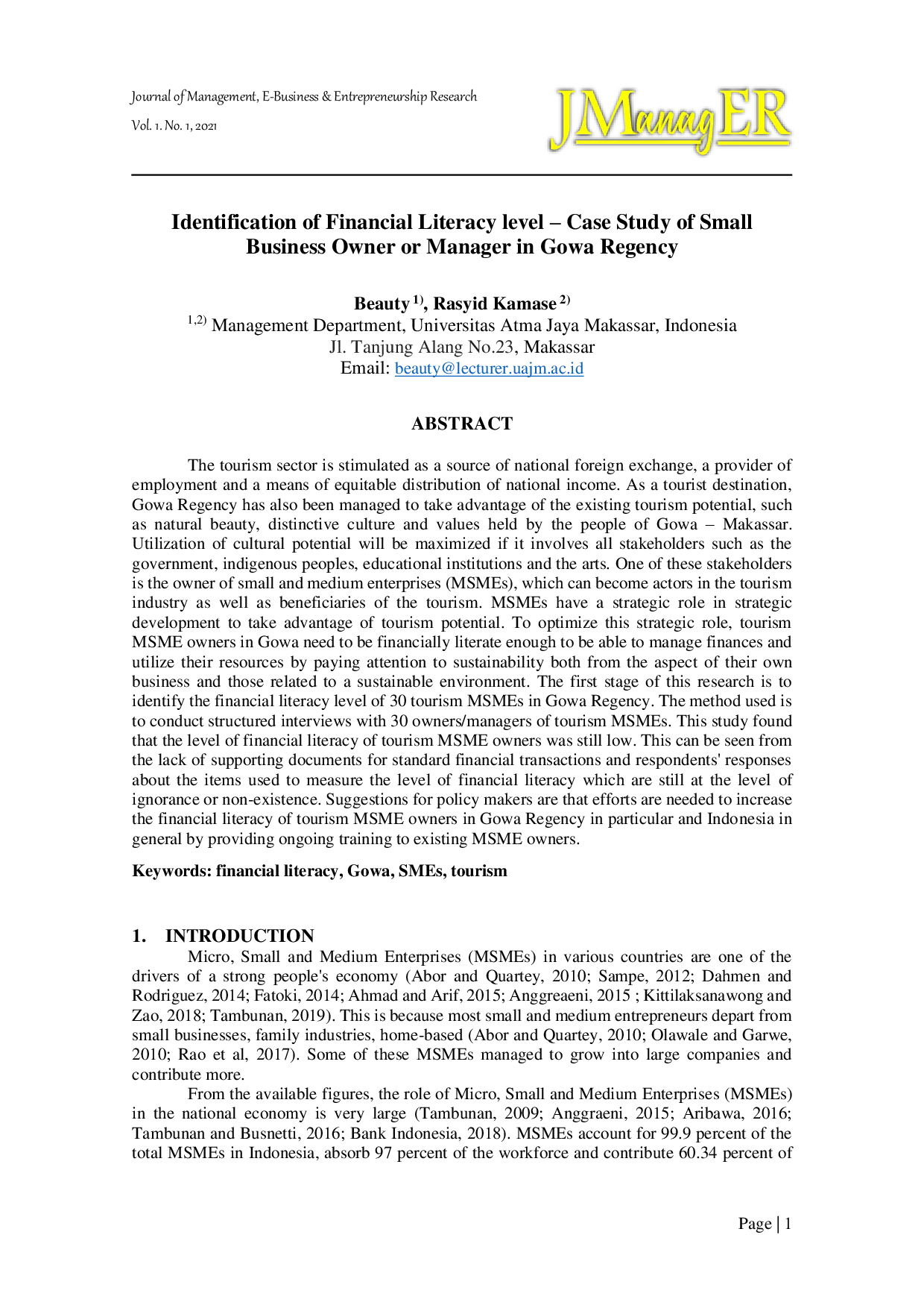 JURIS Identification of Financial Literacy level Case Study of Small Business Owner or Manager in Gowa Regency