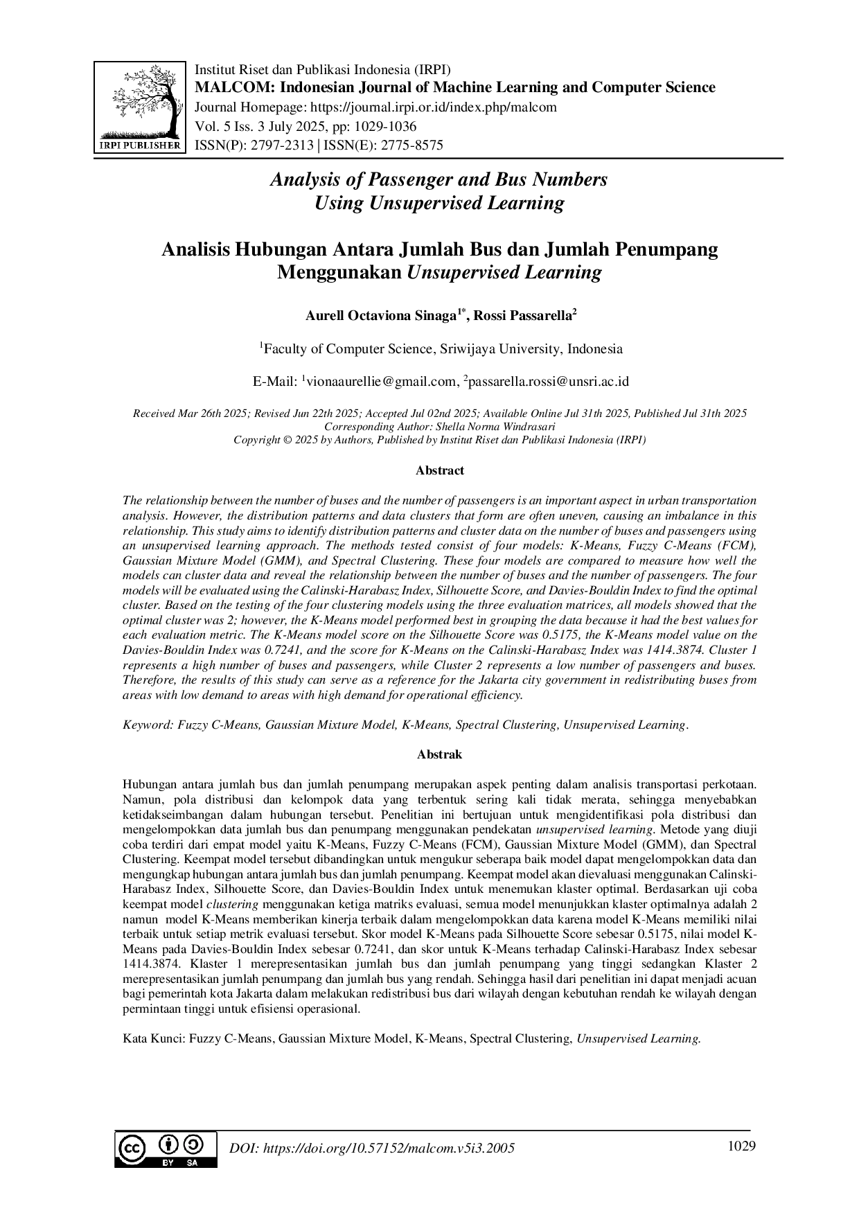JURIS Analisis Hubungan Antara Jumlah Bus dan Jumlah Penumpang Menggunakan Unsupervised Learning