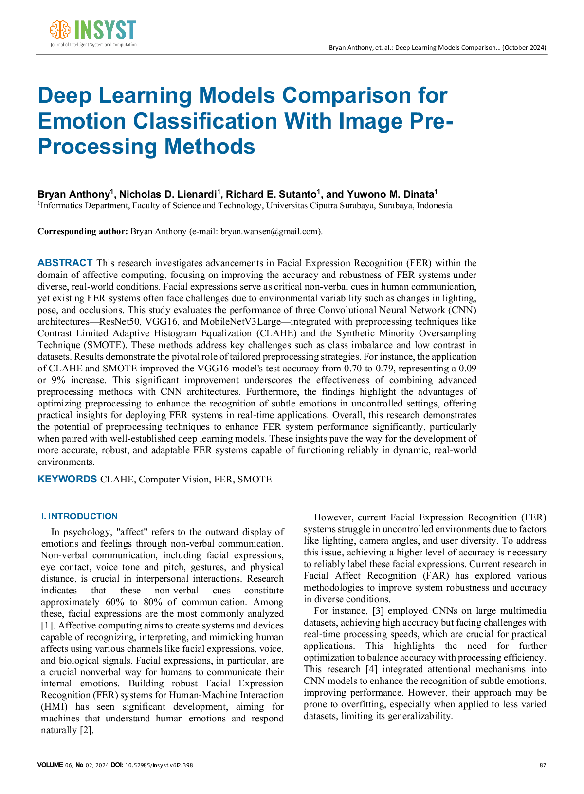 JURIS Deep Learning Models Comparison for Emotion Classification With Image Pre Processing Methods
