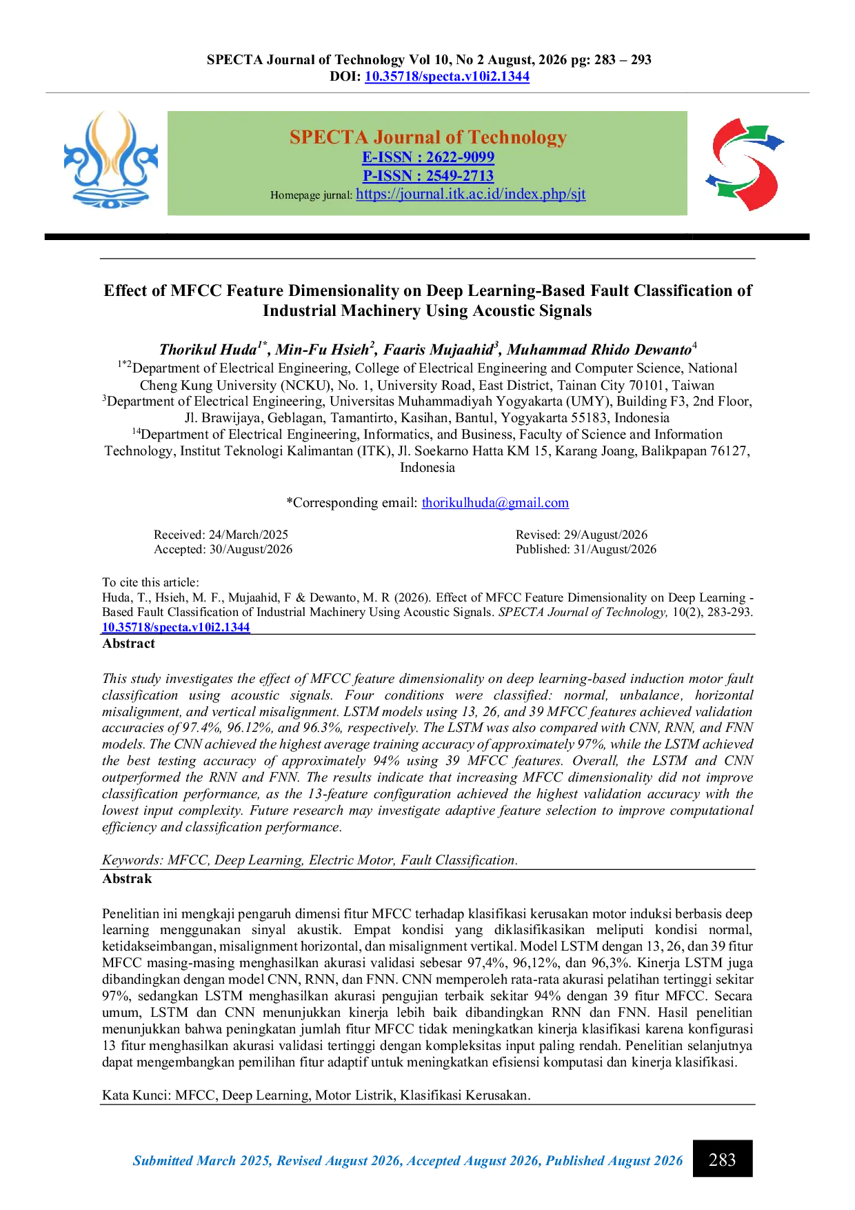 JURIS Effectiveness of the Number of Extracted Features from MFCC on Deep Learning for Fault Classification of Industrial Machinery Based on Acoustic Signal 283 293