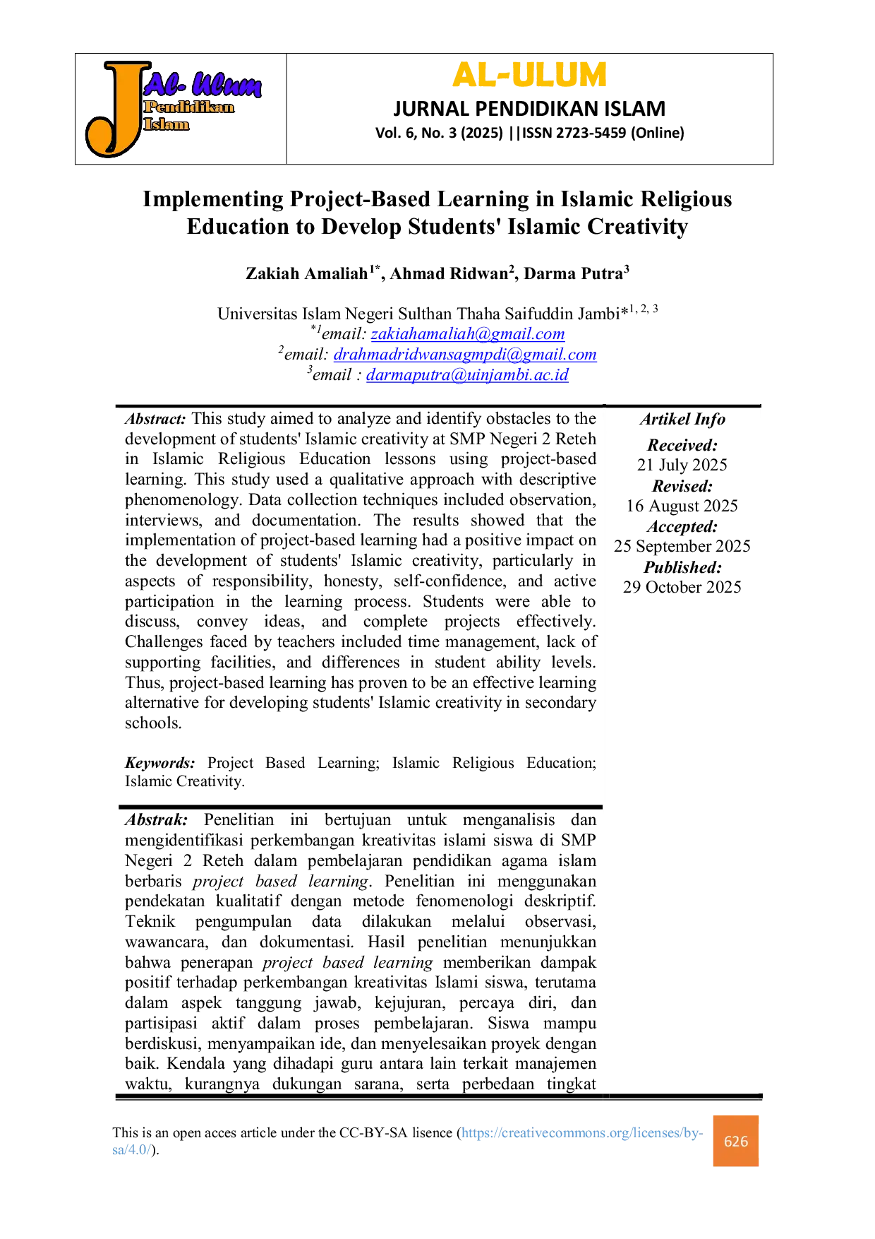JURIS Implementing Project Based Learning in Islamic Religious Education to Develop Students Islamic Creativity