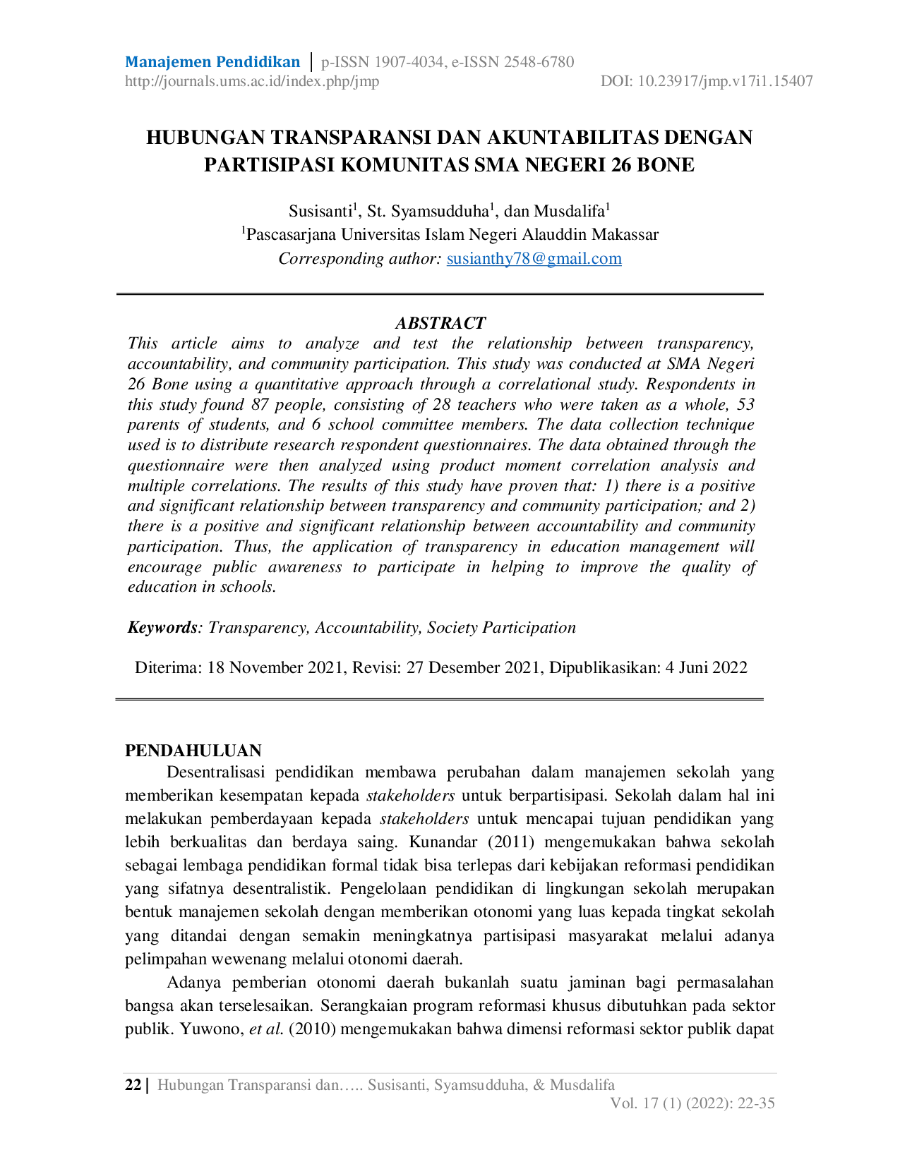JURIS Hubungan Transparansi Dan Akuntabilitas Dengan Partisipasi Komunitas Sma Negeri 26 Bone