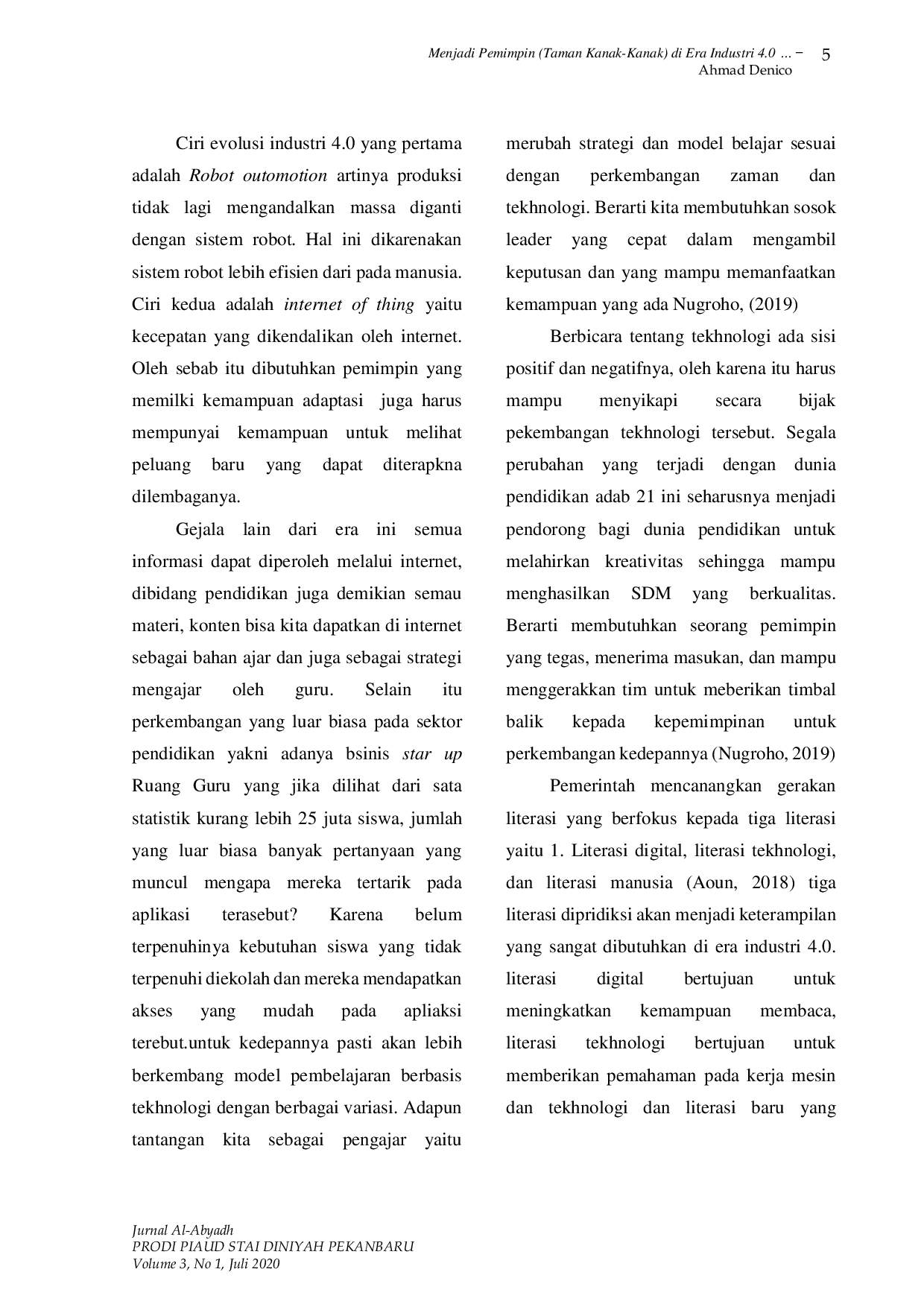 JURIS Menjadi Pemimpin Kepala Taman Kanak Kanak di Era Industri 4 0