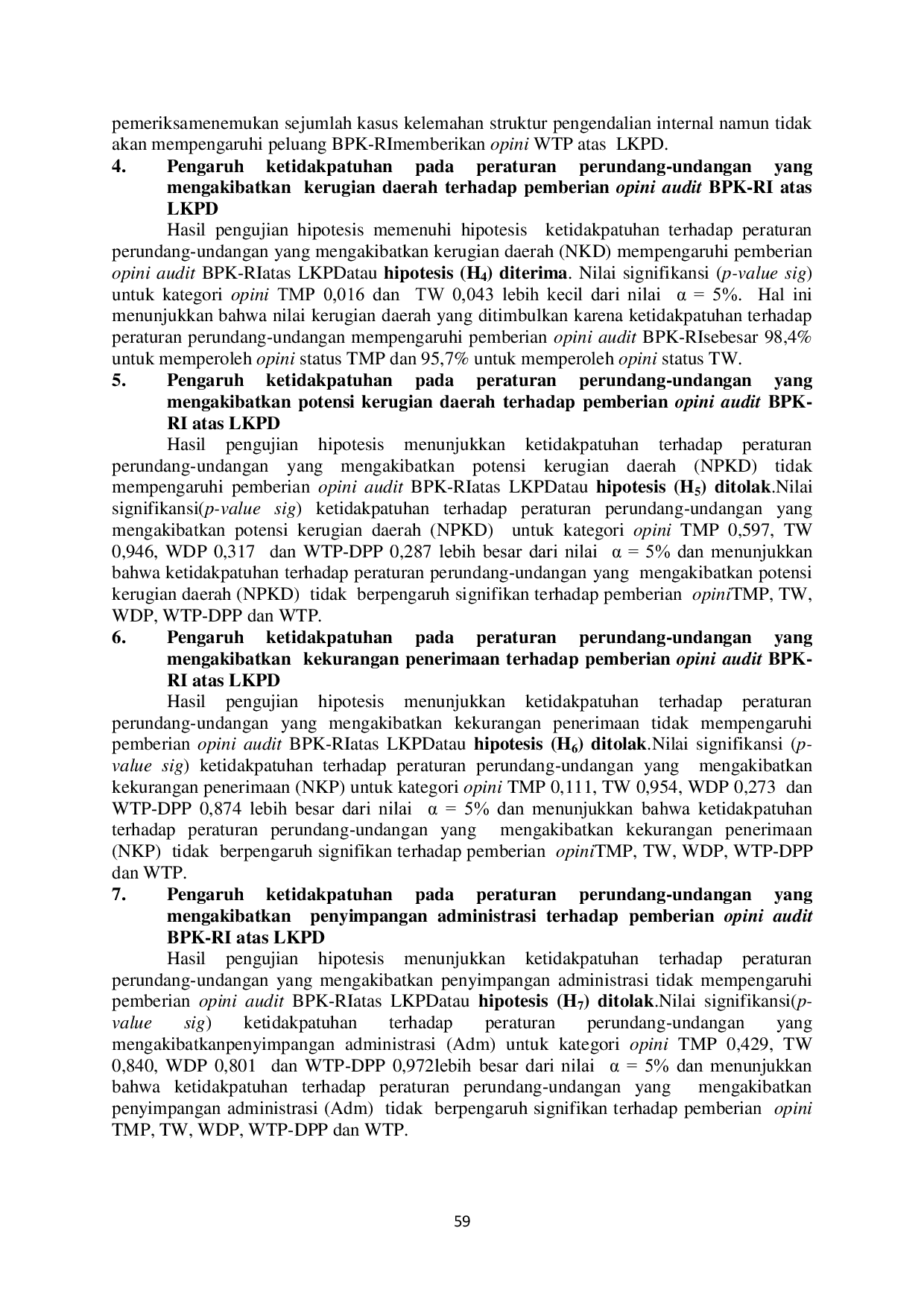 JURIS Pengaruh Kelemahan Sistem Pengendalian Internal Ketidakpatuhan Pada Peraturan Perundang Undangan Dan Penyelesaian Kerugian Negara Terhadap Opini BPK RI Atas Laporan Keuangan Pemerintah Daerah Di Indo