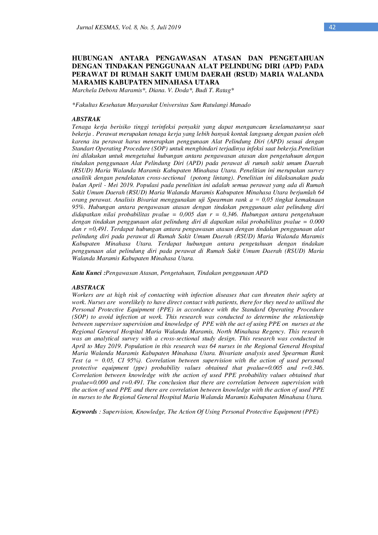JURIS Hubungan Antara Pengawasan Atasan Dan Pengetahuan Dengan Tindakan Penggunaan Alat Pelindung Diri APD Pada Perawat Di Rumah Sakit Umum Daerah RSUD Maria Walanda Maramis Kabupaten Minahasa Utara