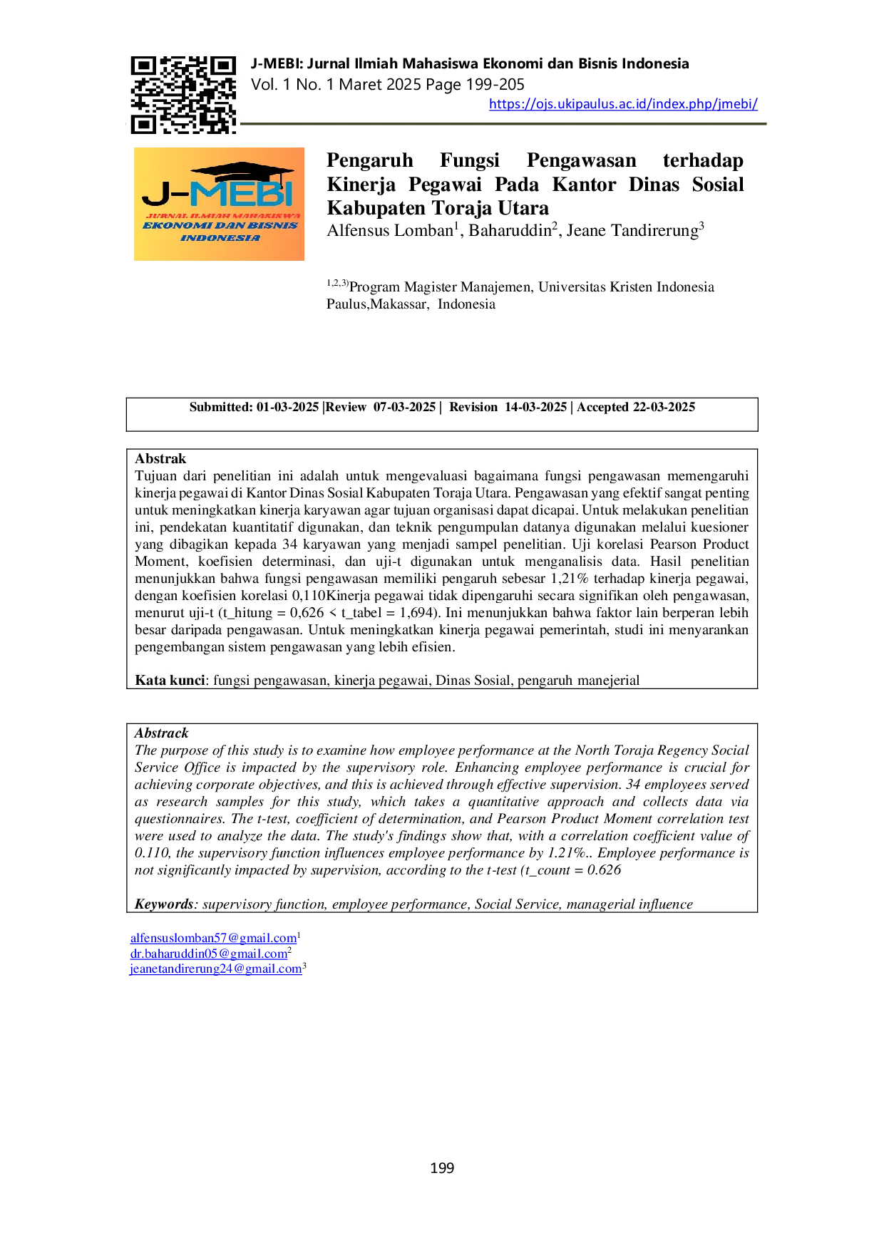 JURIS Pengaruh Fungsi Pengawasan Terhadap Kinerja Pegawai Pada Kantor Dinas Sosial Kabupaten Toraja Utara