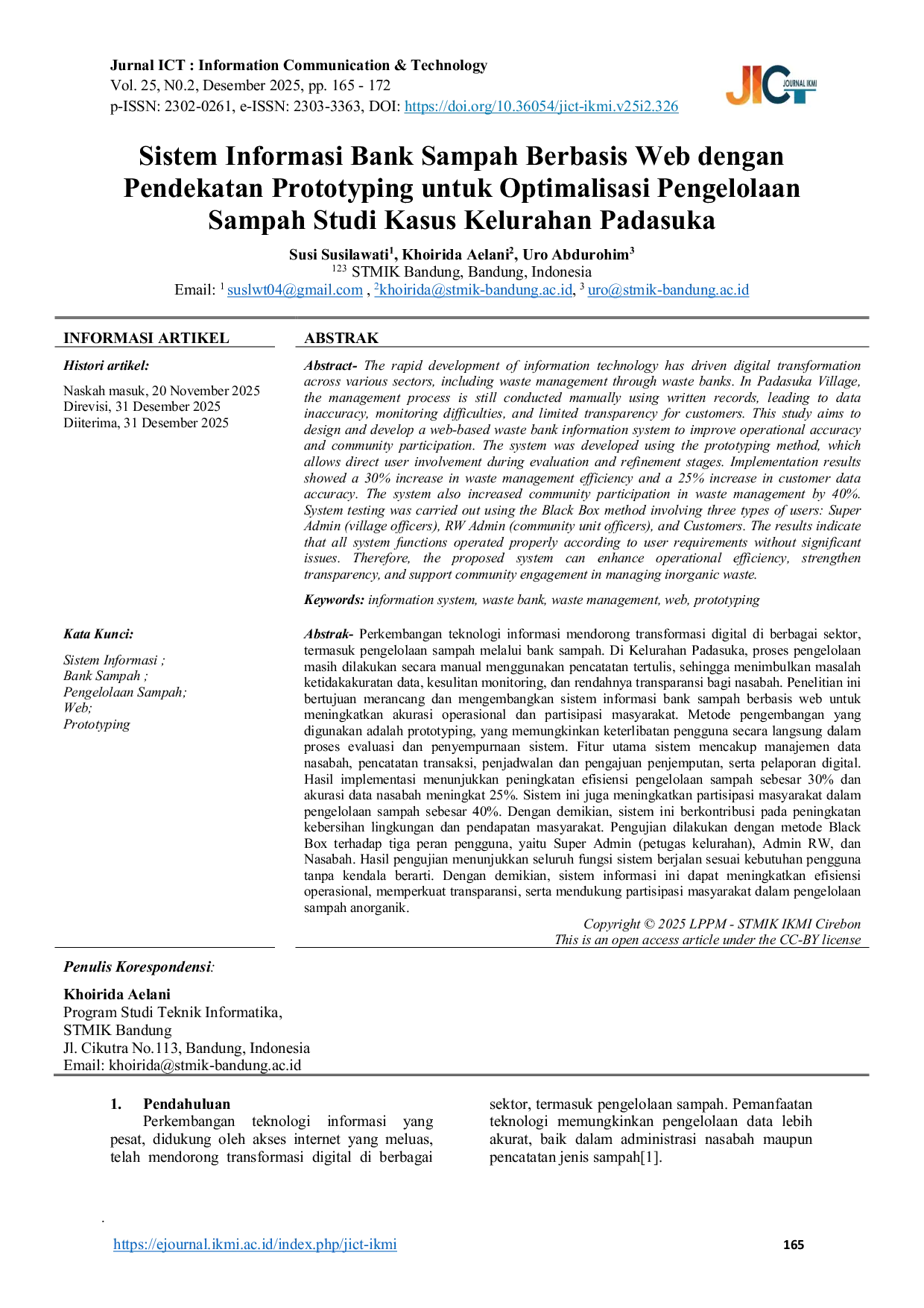 JURIS Sistem Informasi Bank Sampah Berbasis Web Untuk Meningkatkan Pengelolaan Sampah di Kelurahan Padasuka