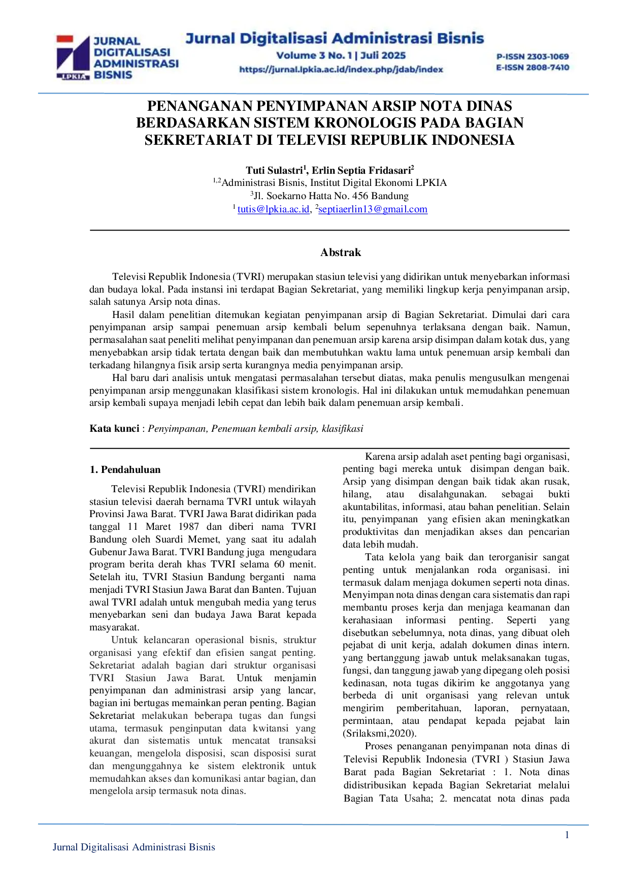 juris Penanganan Penyimpanan Arsip Nota Dinas Berdasarkan Sistem Kronologis Pada Bagian Sekretariat Di Televisi Republik Indonesia