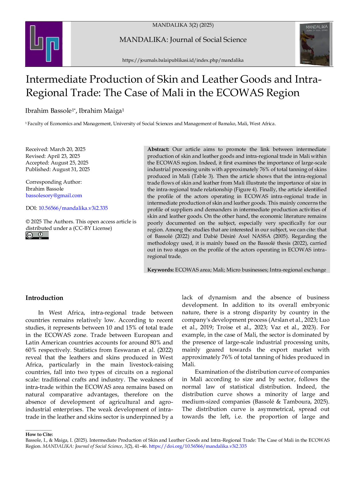 JURIS Intermediate Production of Skin and Leather Goods and Intra Regional Trade The Case of Mali in the ECOWAS Region