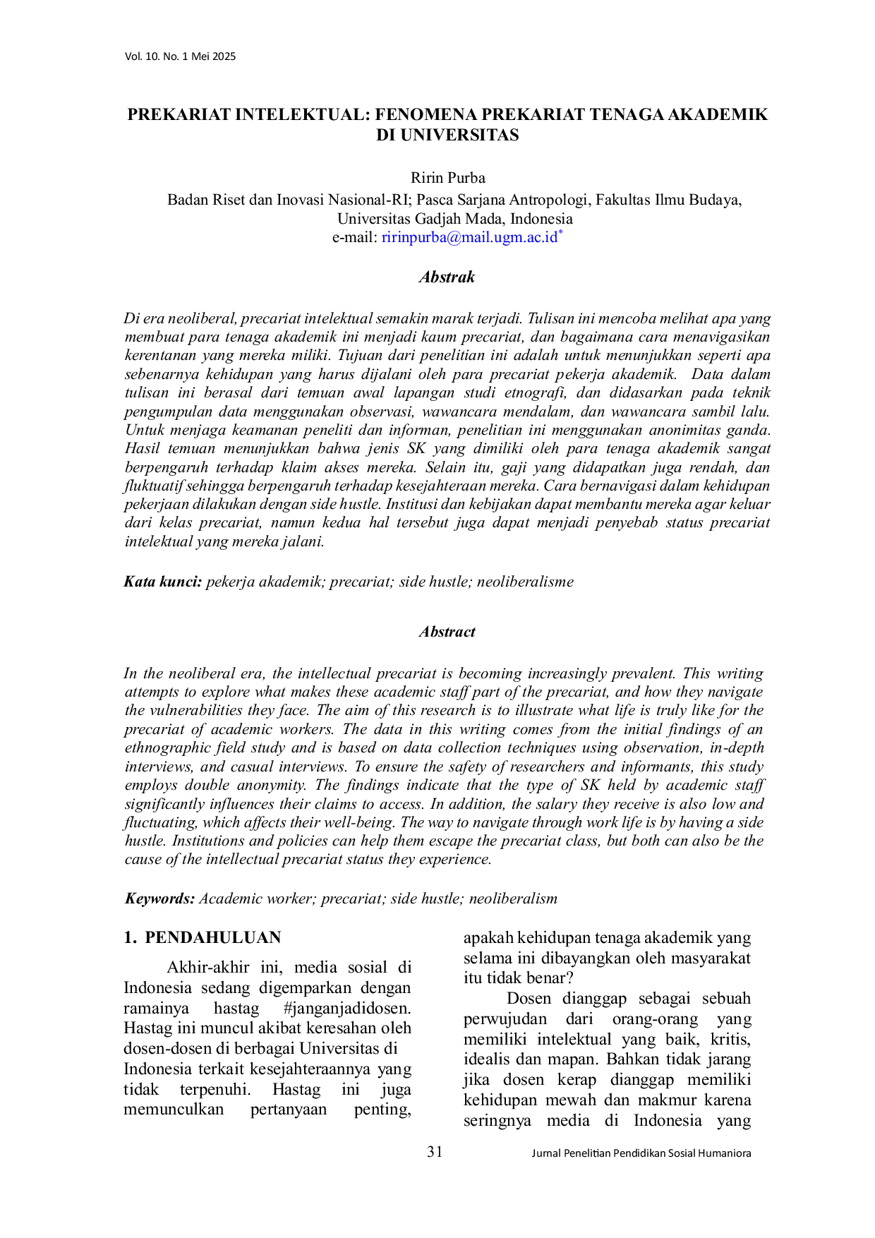 JURIS Prekariat Intelektual Fenomena Prekariat Tenaga Akademik Di Universitas