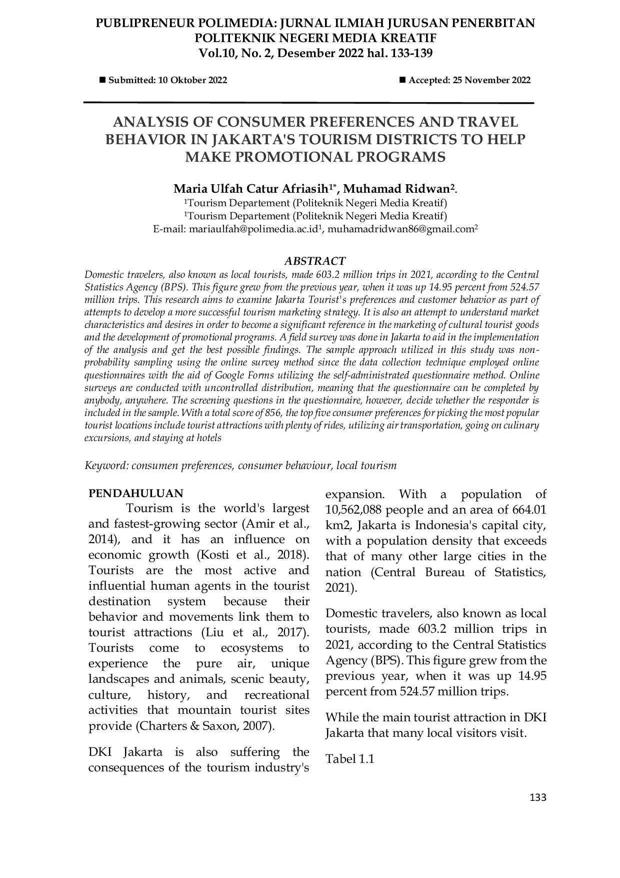 JURIS Analysis Of Consumer Preferences And Travel Behavior In Jakarta s Tourism Districts To Help Make Promotional Programs