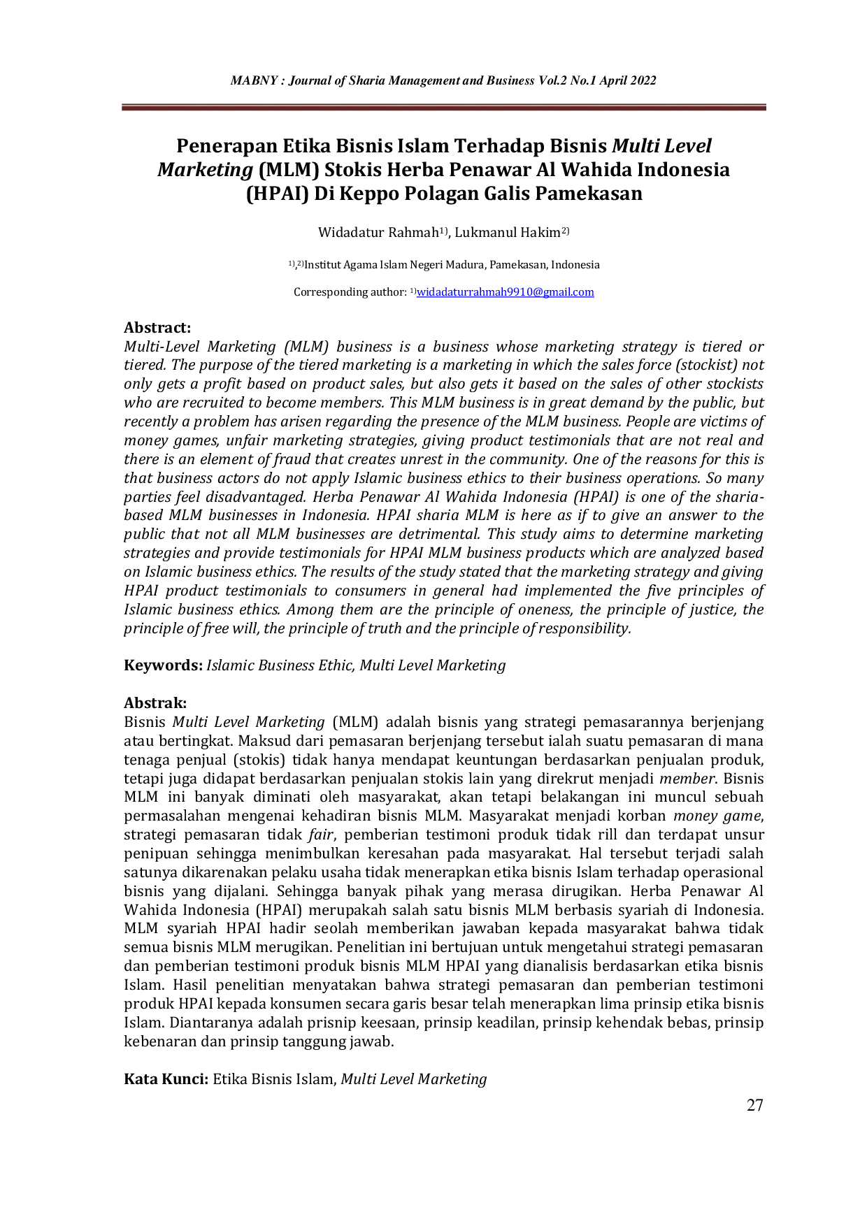 JURIS Penerapan Etika Bisnis Islam Terhadap Bisnis Multi Level Marketing MLM Stokis Herba Penawar Al Wahida Indonesia HPAI Di Keppo Polagan Galis Pamekasan