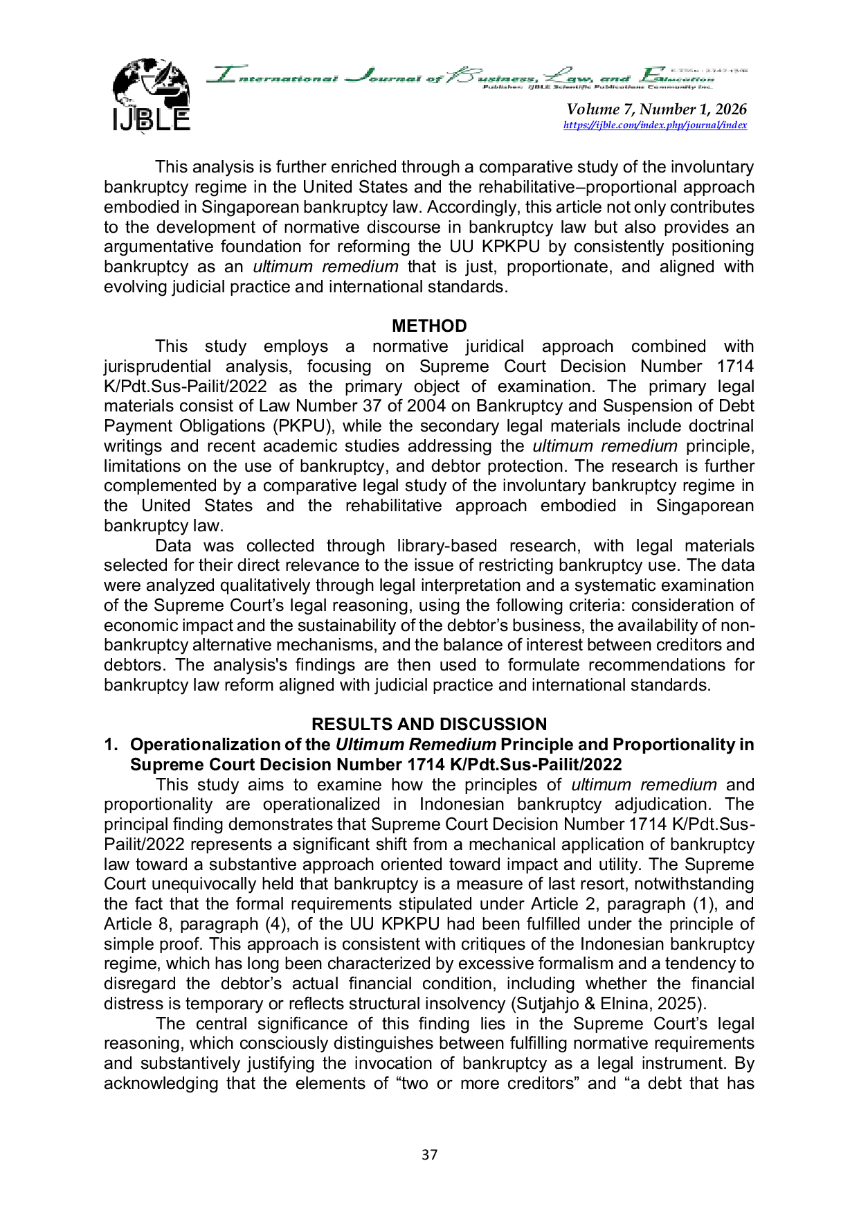 JURIS Constraining Bankruptcy as an Ultimum Remedium