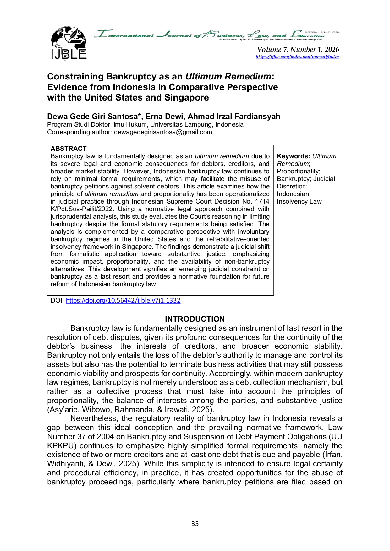 JURIS Constraining Bankruptcy as an Ultimum Remedium