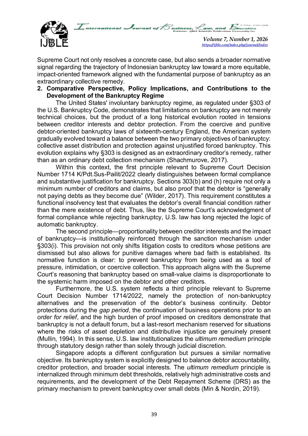 JURIS Constraining Bankruptcy as an Ultimum Remedium