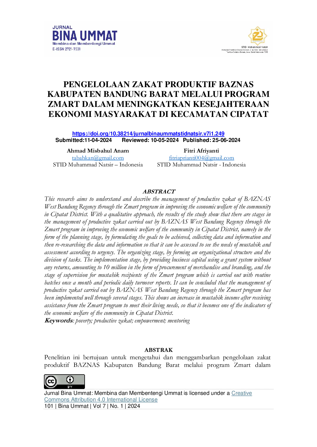 JURIS Pengelolaan Zakat Produktif Baznas Kabupaten Bandung Barat Melalui Program Zmart Dalam Meningkatkan Kesejahteraan Ekonomi Masyarakat Di Kecamatan Cipatat