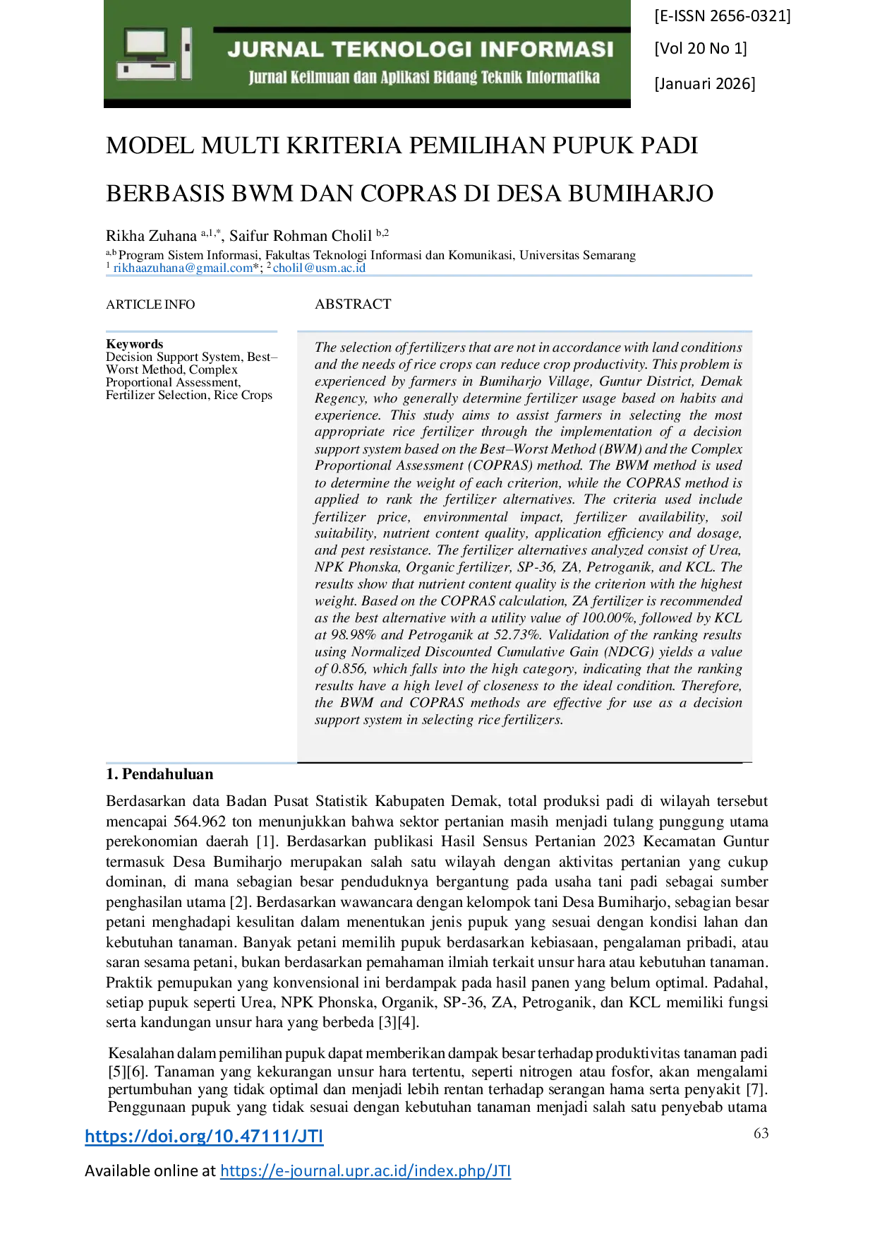 JURIS Model Multi Kriteria Pemilihan Pupuk Padi Berbasis BWM dan COPRAS di Desa Bumiharjo