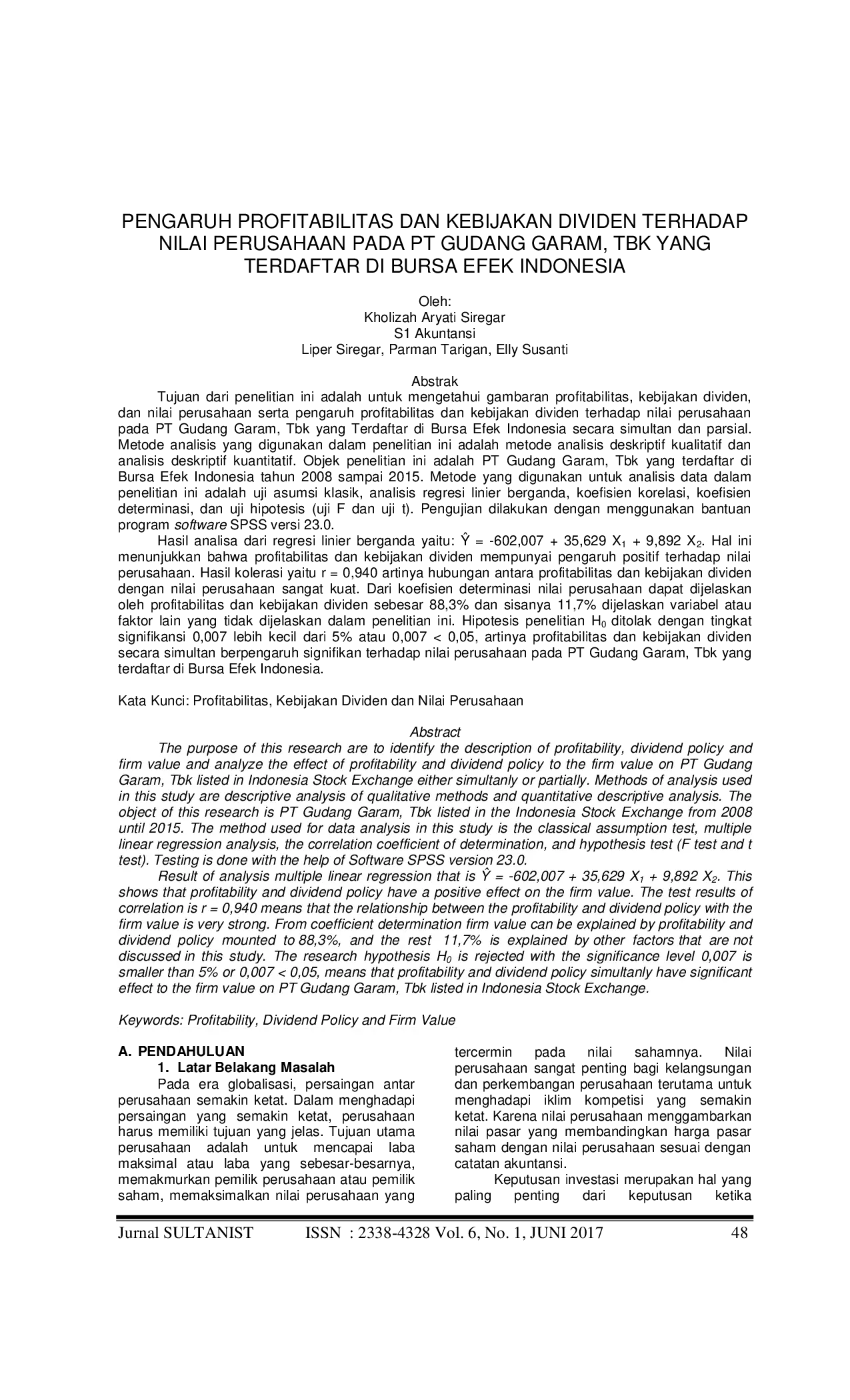 JURIS PENGARUH PROFITABILITAS DAN KEBIJAKAN DIVIDEN TERHADAP NILAI PERUSAHAAN PADA PT GUDANG GARAM TBK YANG TERDAFTAR DI BURSA EFEK INDONESIA