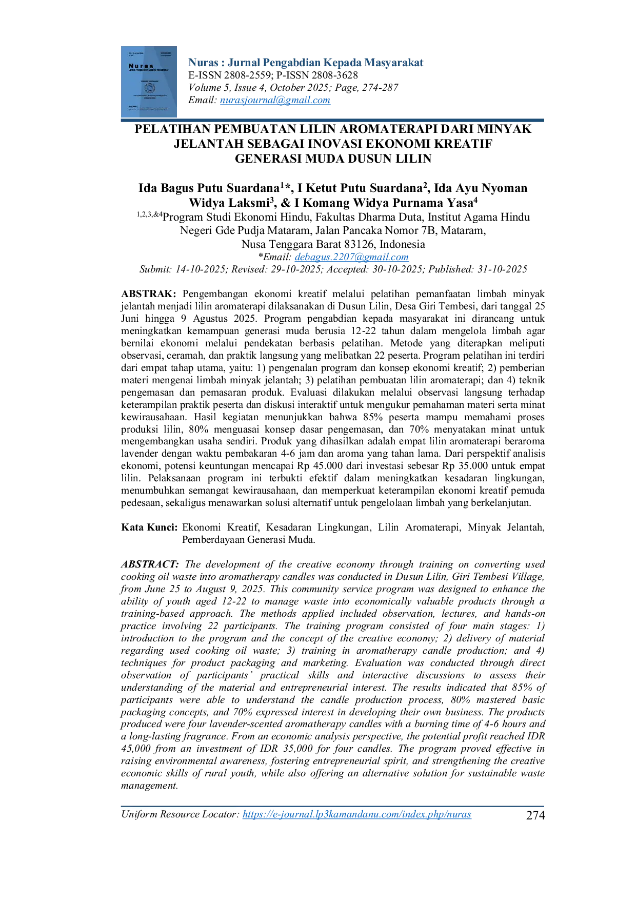 JURIS Pelatihan Pembuatan Lilin Aromaterapi dari Minyak Jelantah sebagai Inovasi Ekonomi Kreatif Generasi Muda Dusun Lilin