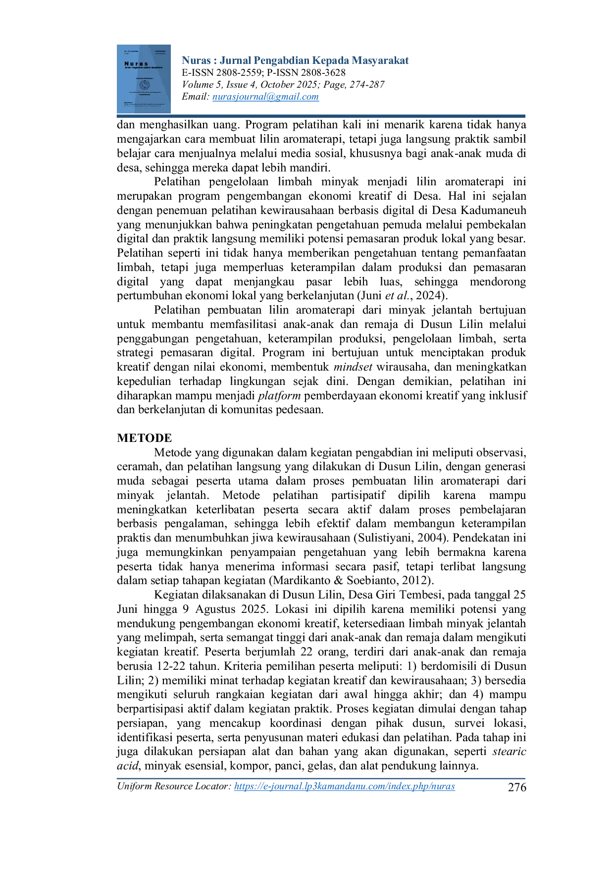 JURIS Pelatihan Pembuatan Lilin Aromaterapi dari Minyak Jelantah sebagai Inovasi Ekonomi Kreatif Generasi Muda Dusun Lilin