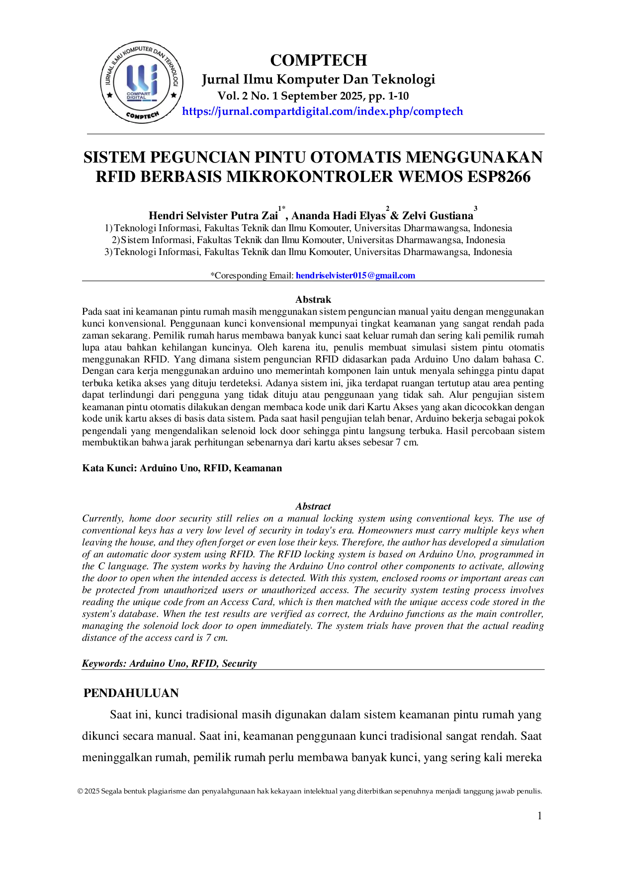 JURIS Sistem Penguncian Pintu Otomatis Menggunakan Rfid Berbasis Mikrokontroler Wemos Esp8266