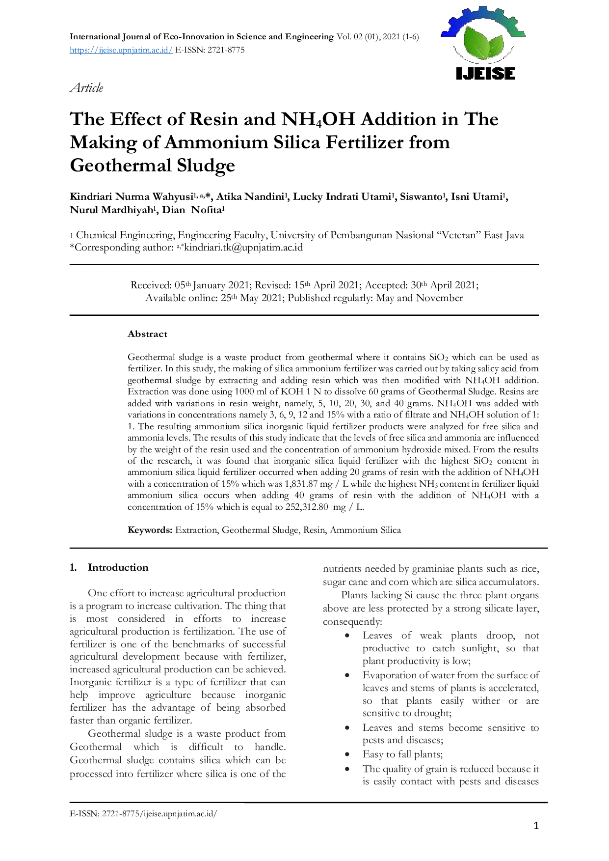 JURIS The Effect of Resin and NH4OH Addition in The Making of Ammonium Silica Fertilizer from Geothermal Sludge
