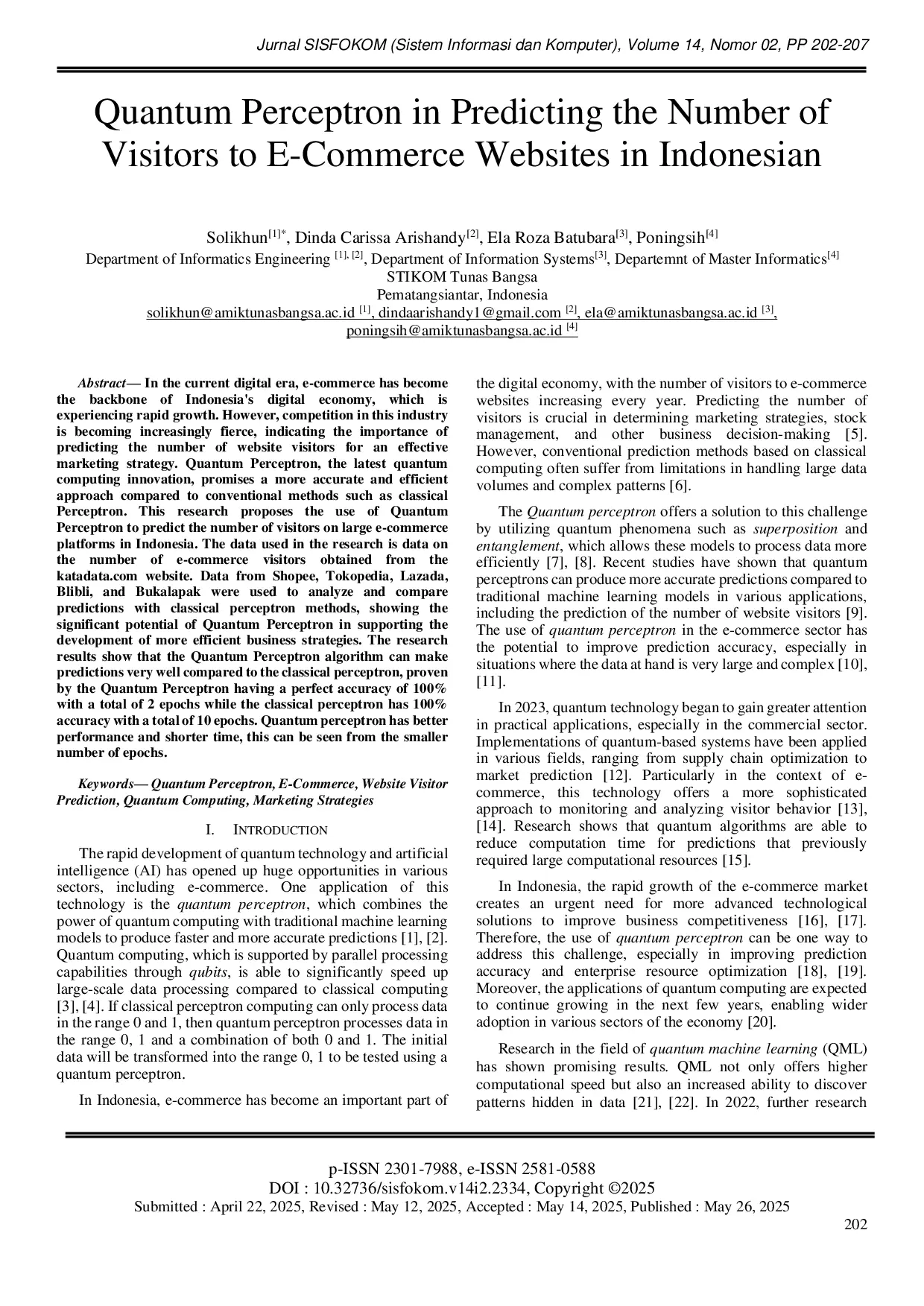 JURIS Quantum Perceptron in Predicting the Number of Visitors to E Commerce Websites in Indonesian