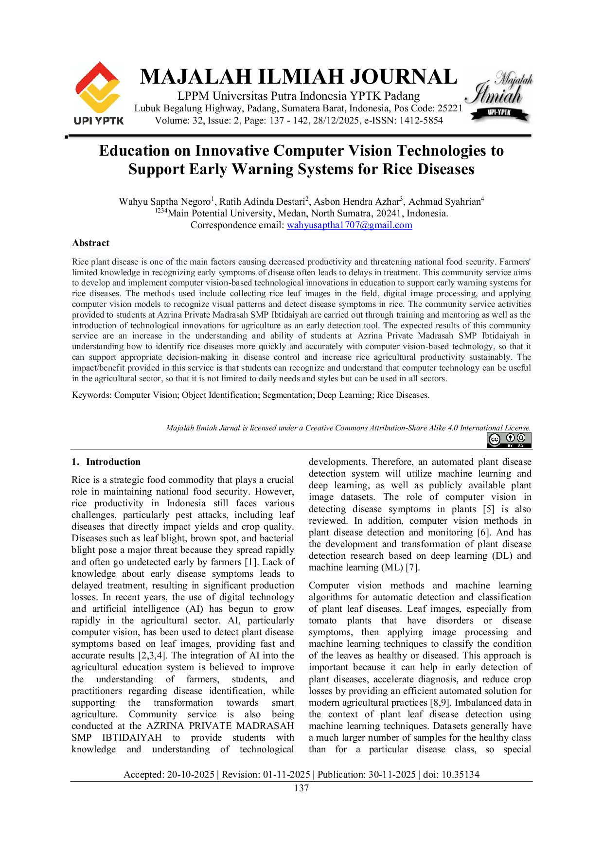 JURIS Computer Vision Technology Innovation Education to Support Early Warning Systems for Rice Diseases